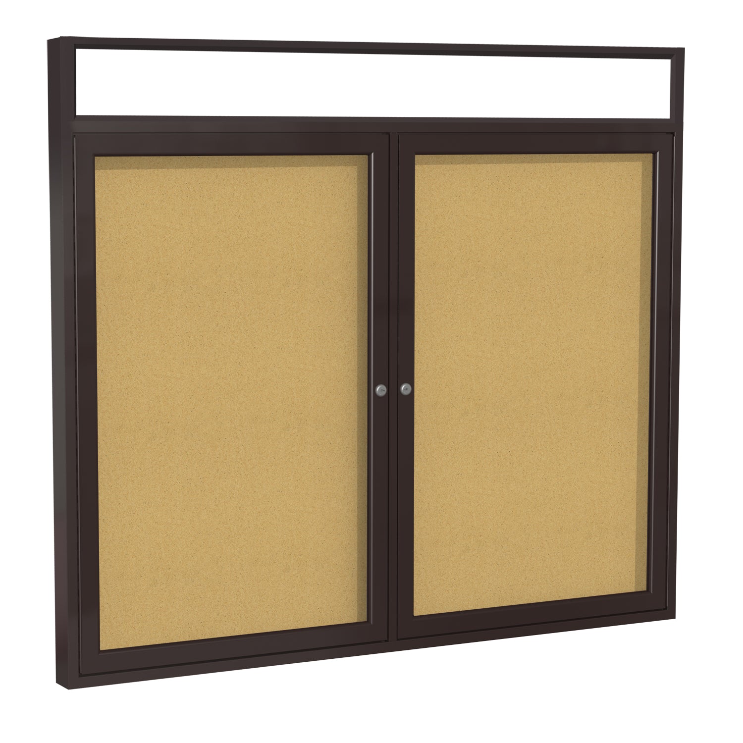 Ghent 2 Door Enclosed Natural Cork Bulletin Board w/ Bronze Headliner Frame, 3'H x 4'W_0