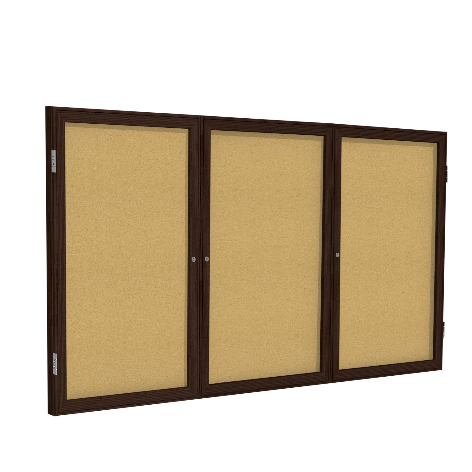 Ghent 3 Door Enclosed Natural Cork Bulletin Board w/ Walnut Wood Frame, 4'H x 8'W_0