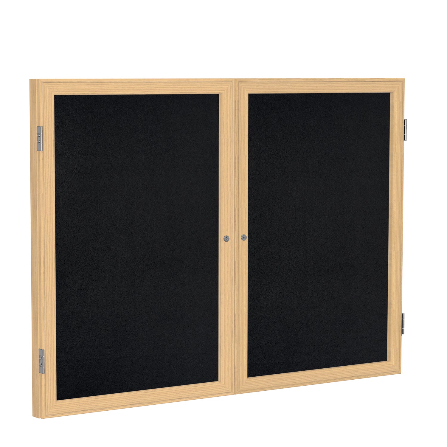 Ghent 2 Door Enclosed Recycled Rubber Bulletin Board w/ Oak Wood Frame, 3'H x 5'W, Black_1