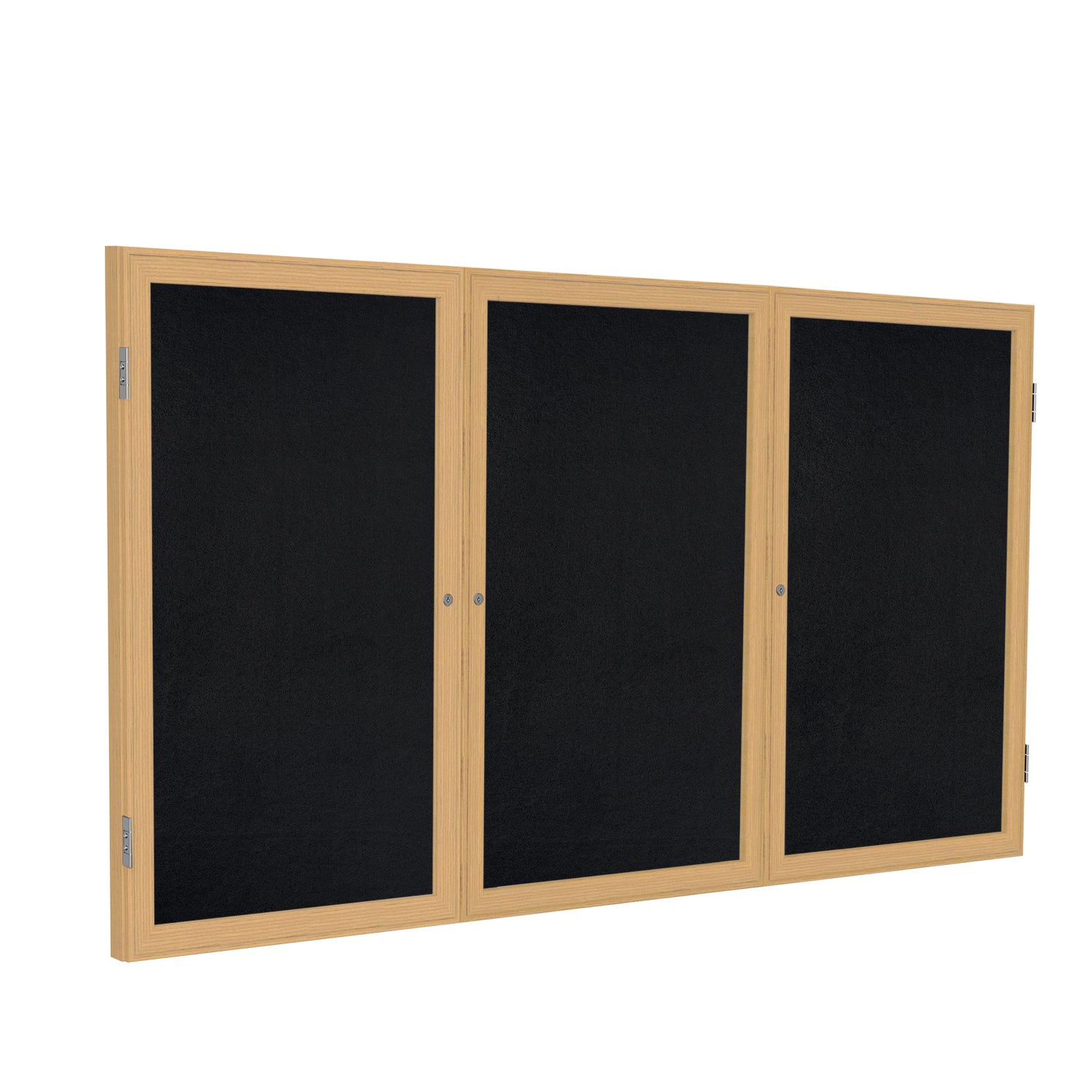 Ghent 3 Door Enclosed Recycled Rubber Bulletin Board w/ Oak Wood Frame, 4'H x 6'W, Black_1