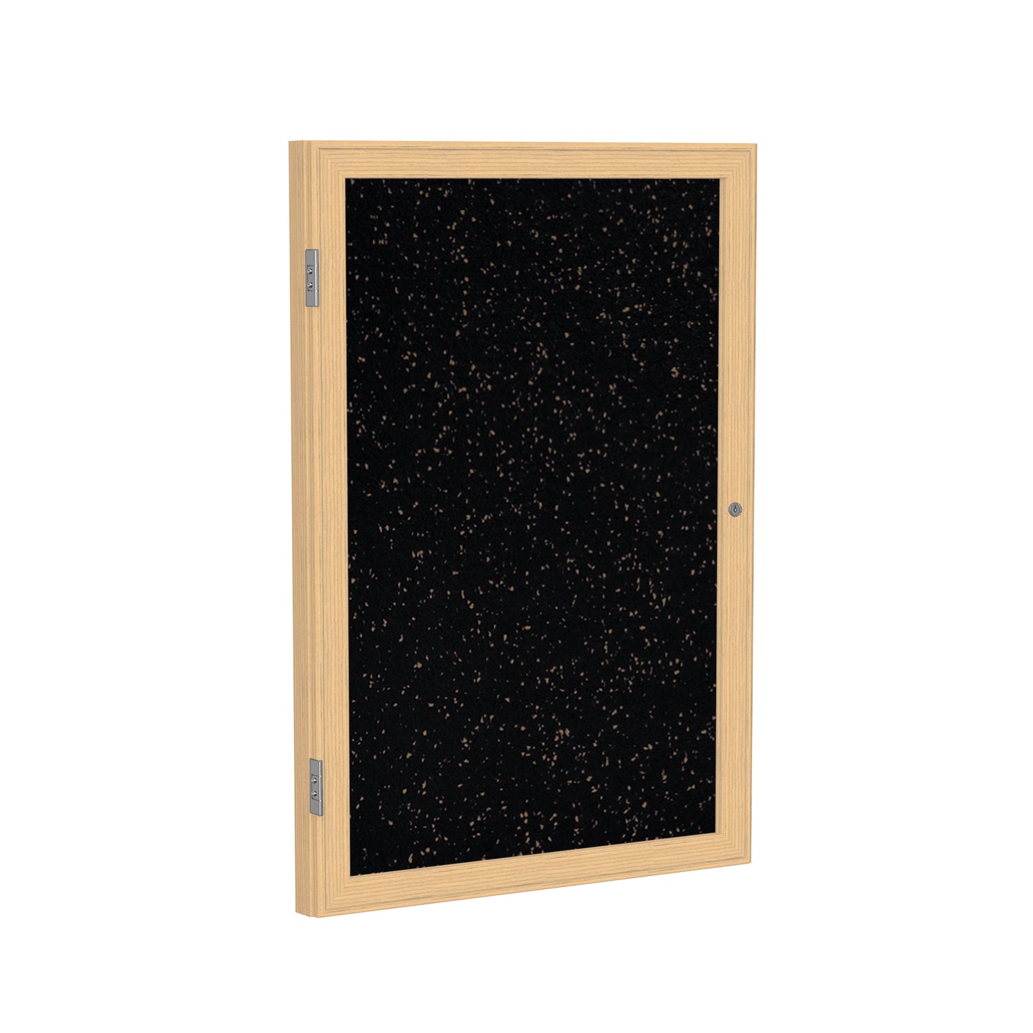 Ghent 1 Door Enclosed Recycled Rubber Bulletin Board w/ Oak Wood Frame, 3'H x 3'W, Tan Speckled_1