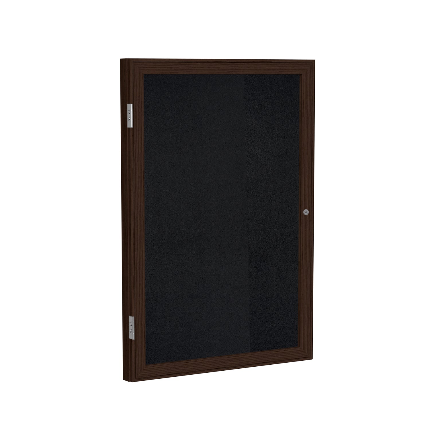 Ghent 1 Door Enclosed Recycled Rubber Bulletin Board w/ Walnut Wood Frame, 36"H x 30"W, Black_1