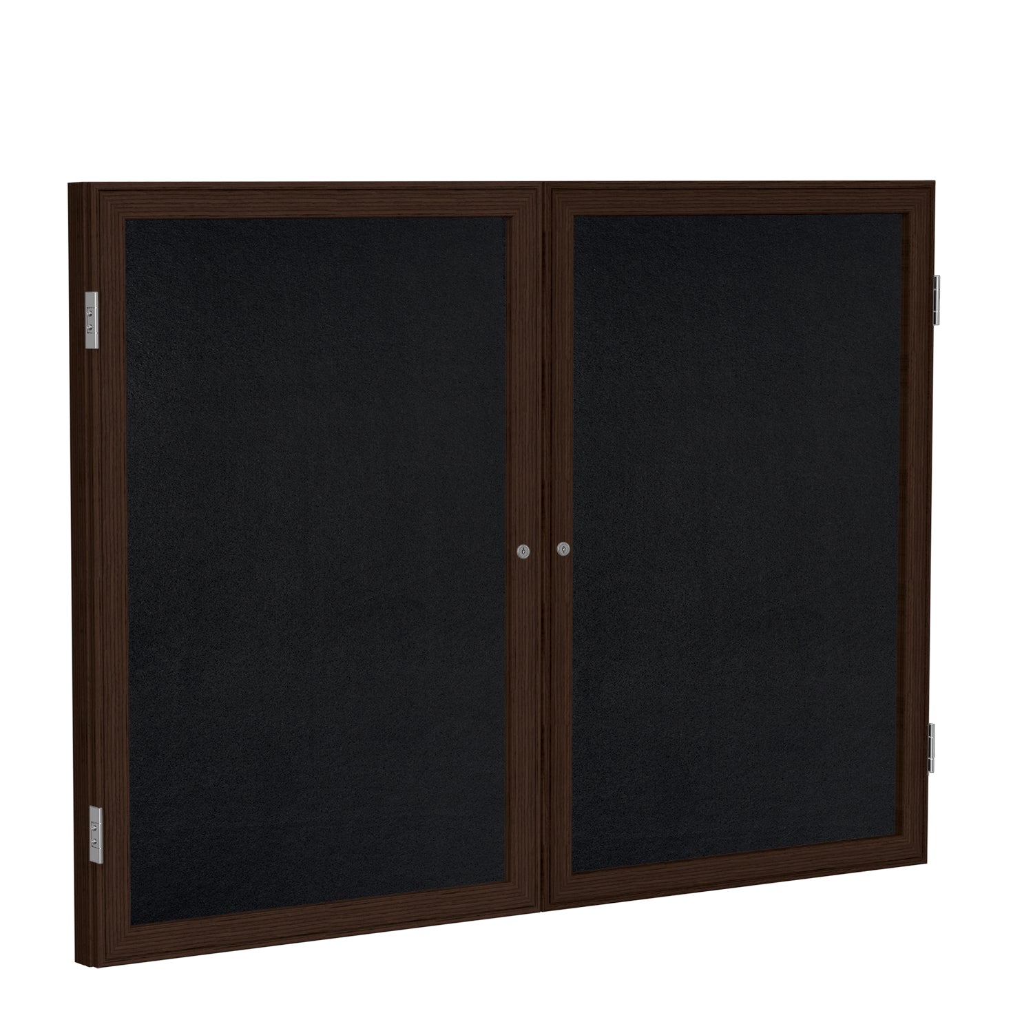 Ghent 2 Door Enclosed Recycled Rubber Bulletin Board w/ Walnut Wood Frame, 3'H x 5'W, Black_1