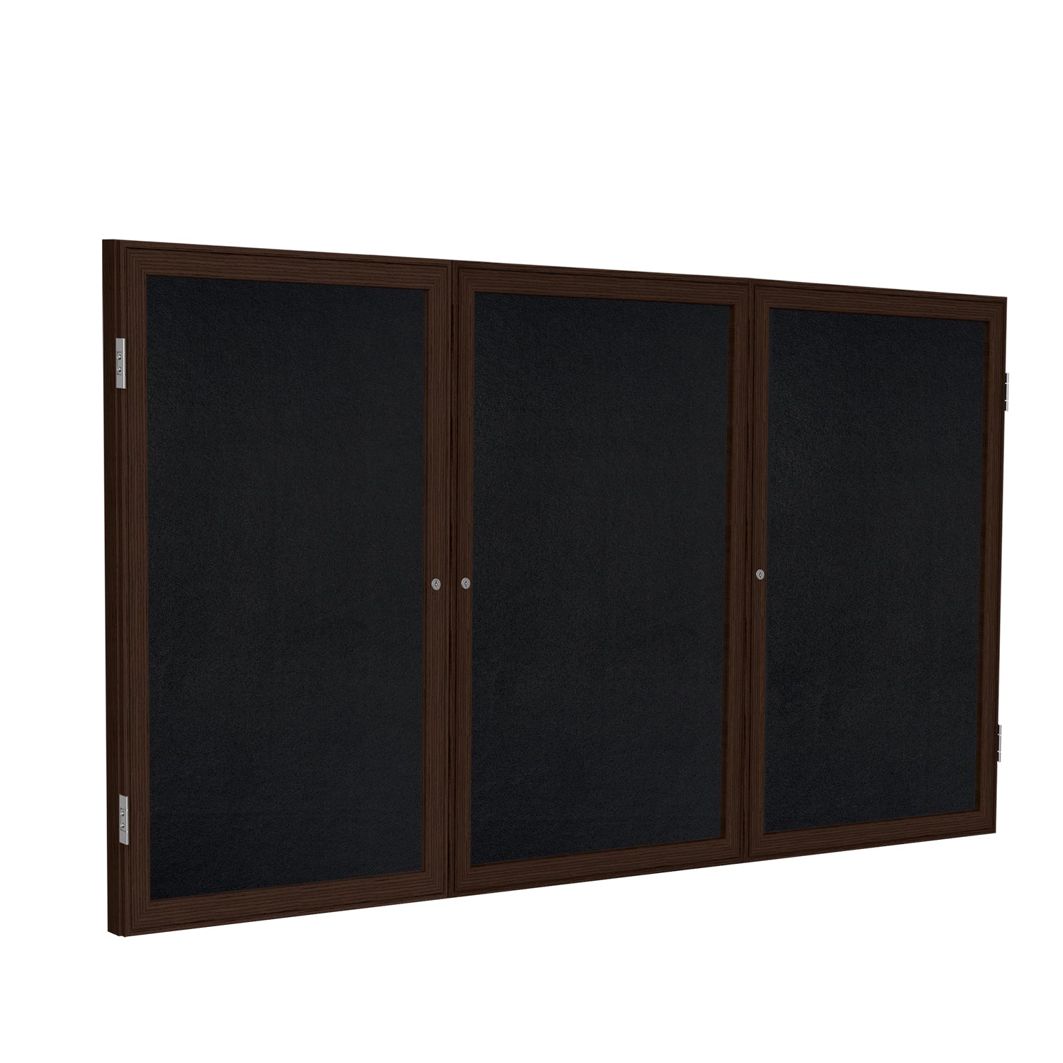 Ghent 3 Door Enclosed Recycled Rubber Bulletin Board w/ Walnut Wood Frame, 4'H x 8'W, Black_1