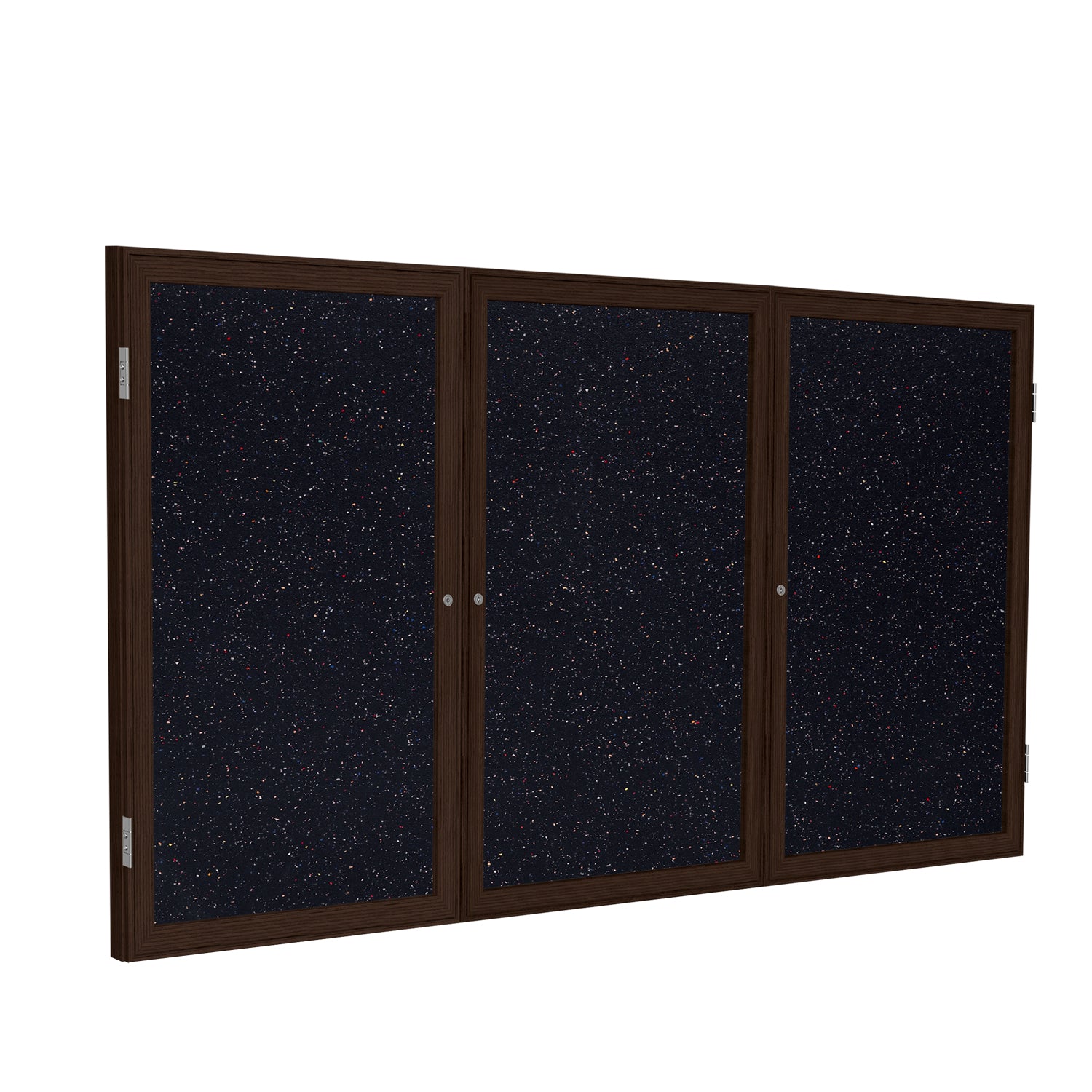 Ghent 3 Door Enclosed Recycled Rubber Bulletin Board w/ Walnut Wood Frame, 4'H x 6'W, Confetti_1