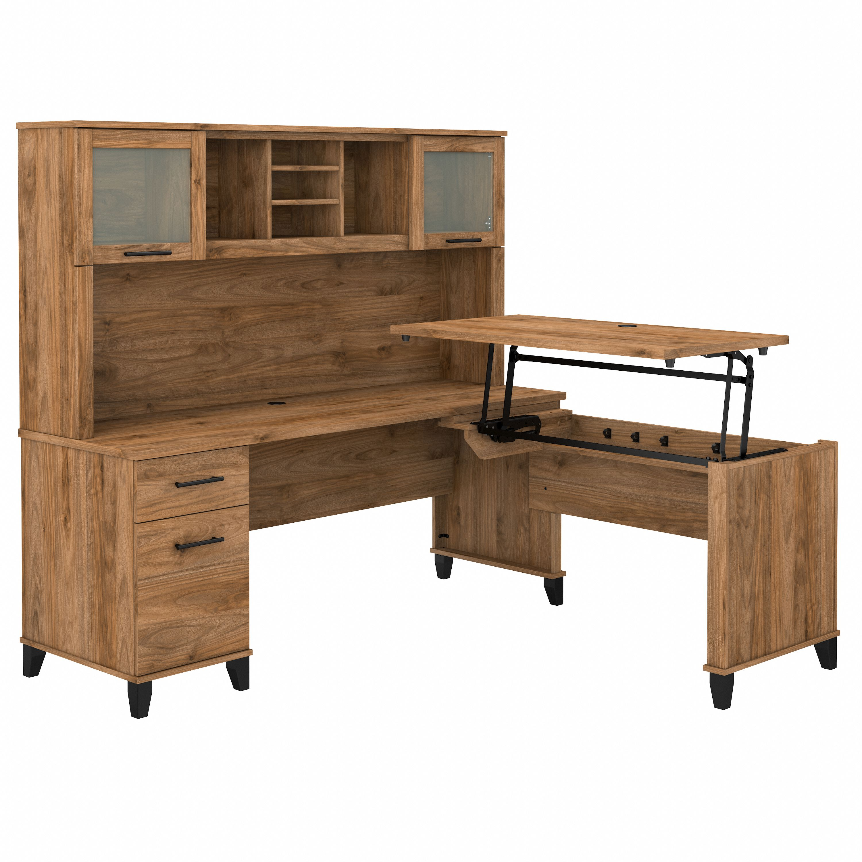 Bush Furniture Somerset 72W 3 Position Sit to Stand L Shaped Desk with Hutch | Fresh Walnut_0