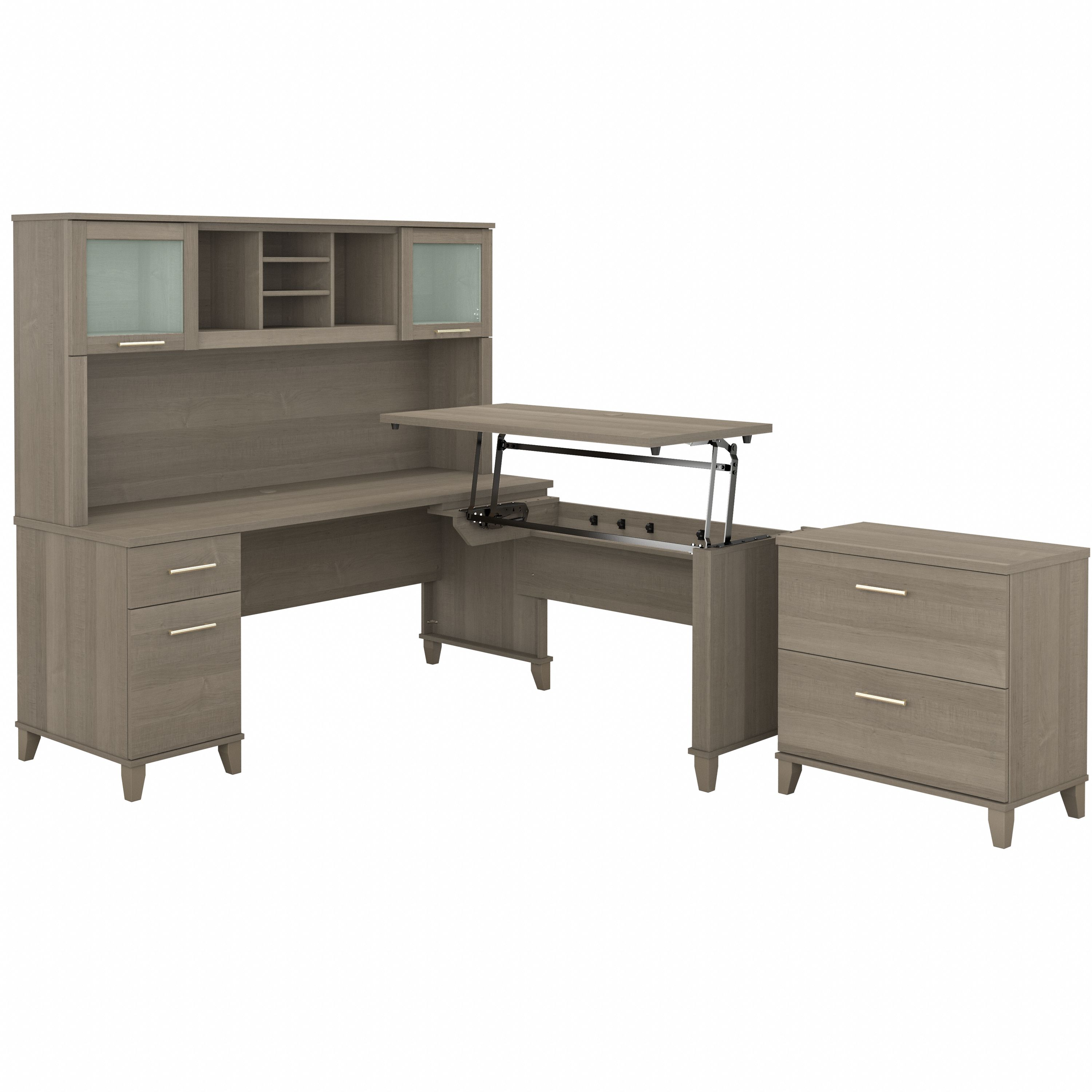 Bush Furniture Somerset 72W 3 Position Sit to Stand L Shaped Desk with Hutch and File Cabinet | Ash Gray_0