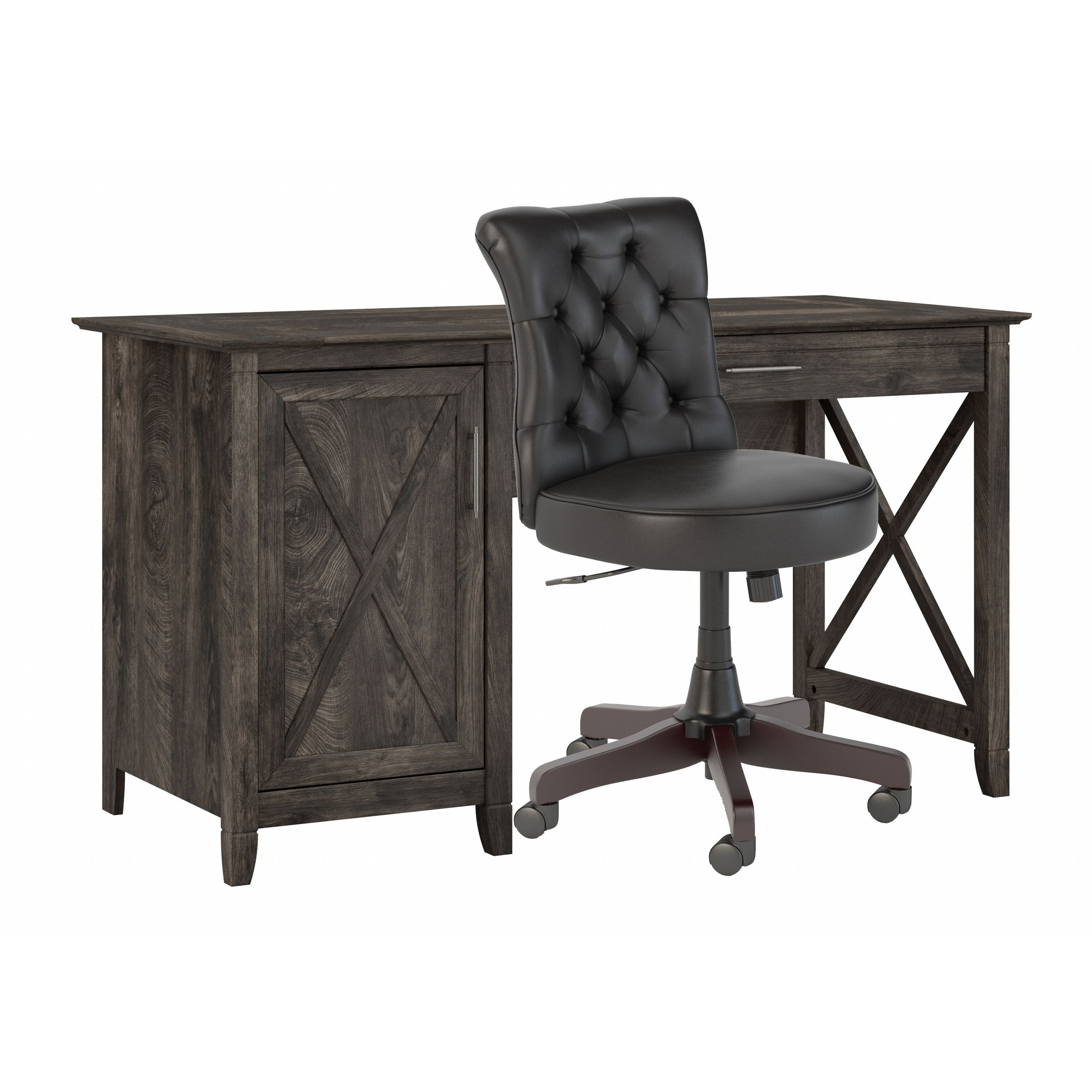 Bush Furniture Key West 54W Computer Desk with Storage and Mid Back Tufted Office Chair | Dark Gray Hickory_0