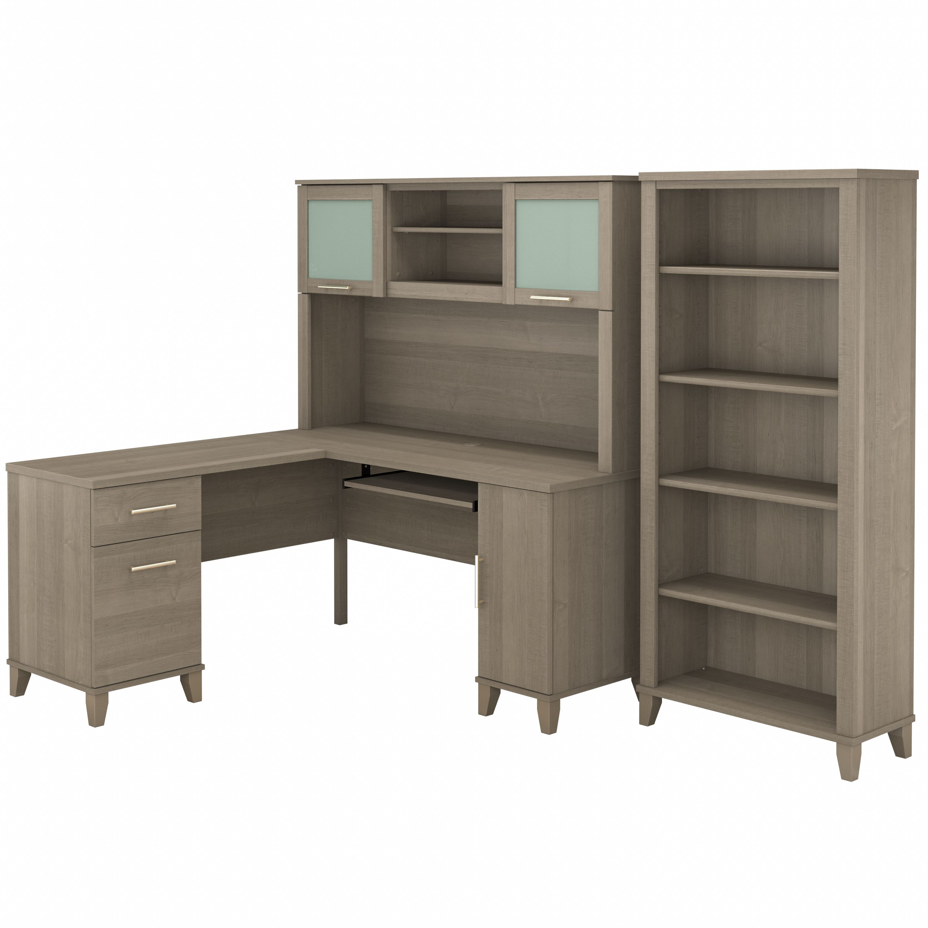 Bush Furniture Somerset 60W L Shaped Desk with Hutch and 5 Shelf Bookcase | Ash Gray_0