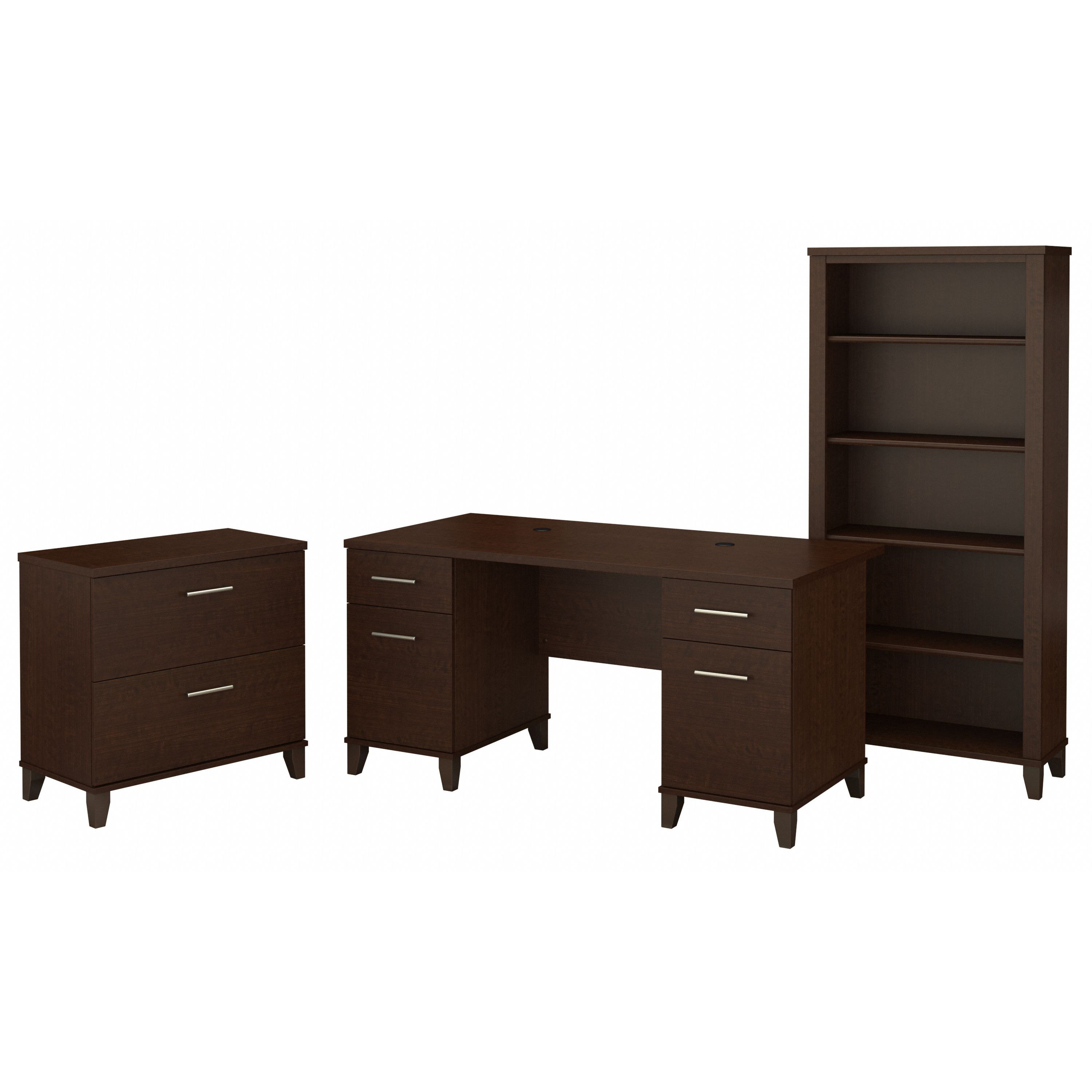 Bush Furniture Somerset 60W Office Desk with Lateral File Cabinet and 5 Shelf Bookcase | Mocha Cherry_0