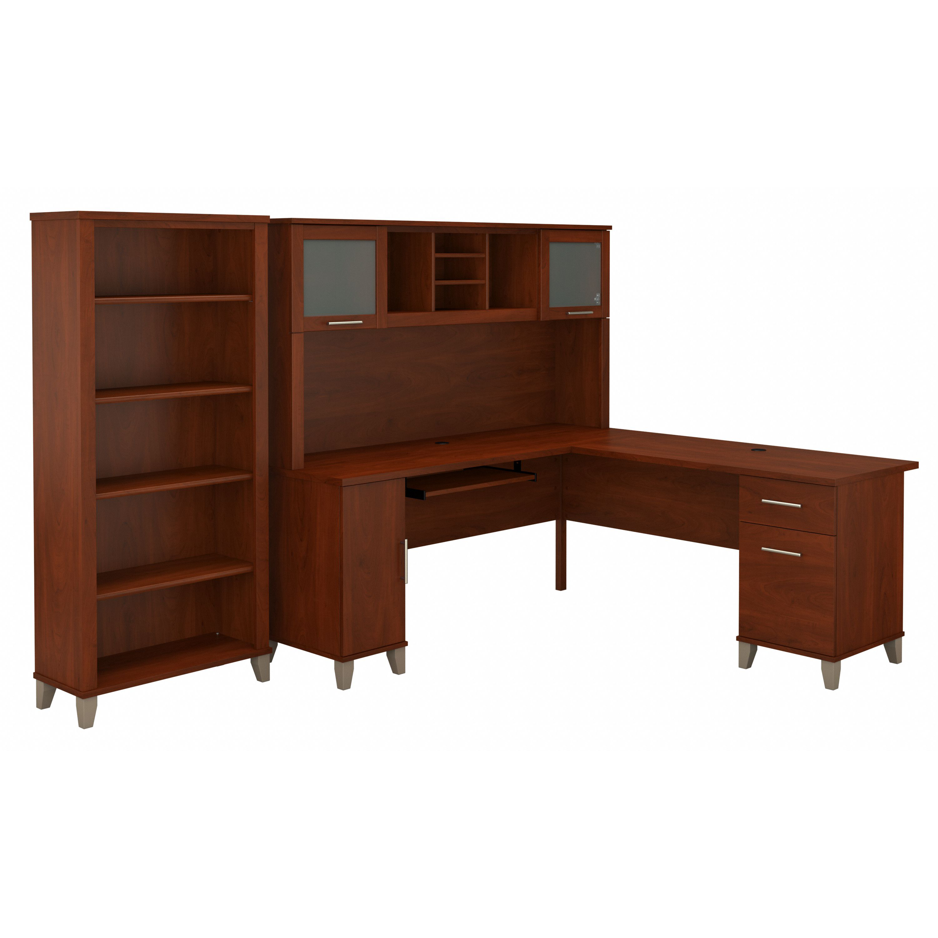 Bush Furniture Somerset 72W L Shaped Desk with Hutch and 5 Shelf Bookcase | Hansen Cherry_0