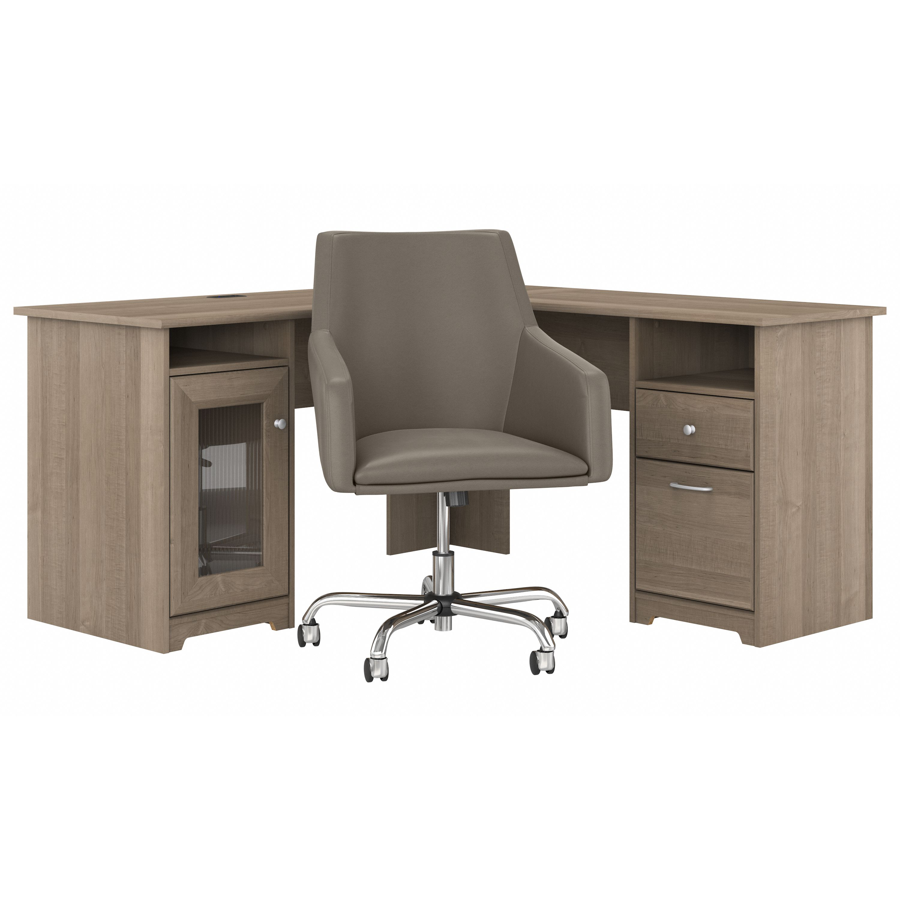 Bush Furniture Cabot 60W L Shaped Computer Desk with Mid Back Leather Box Chair | Ash Gray_0