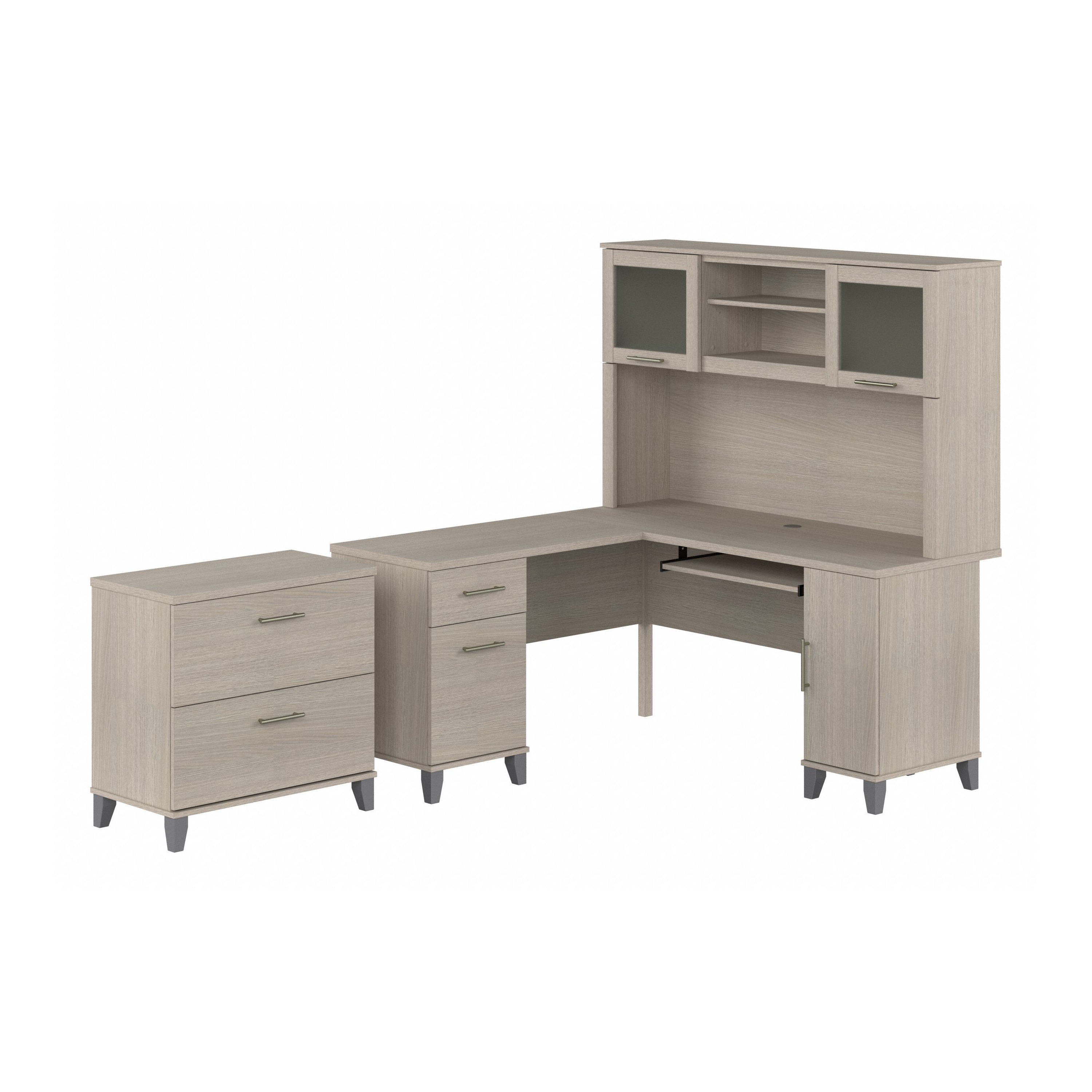 Bush Furniture Somerset 60W L Shaped Desk with Hutch and Lateral File Cabinet | Sand Oak_0