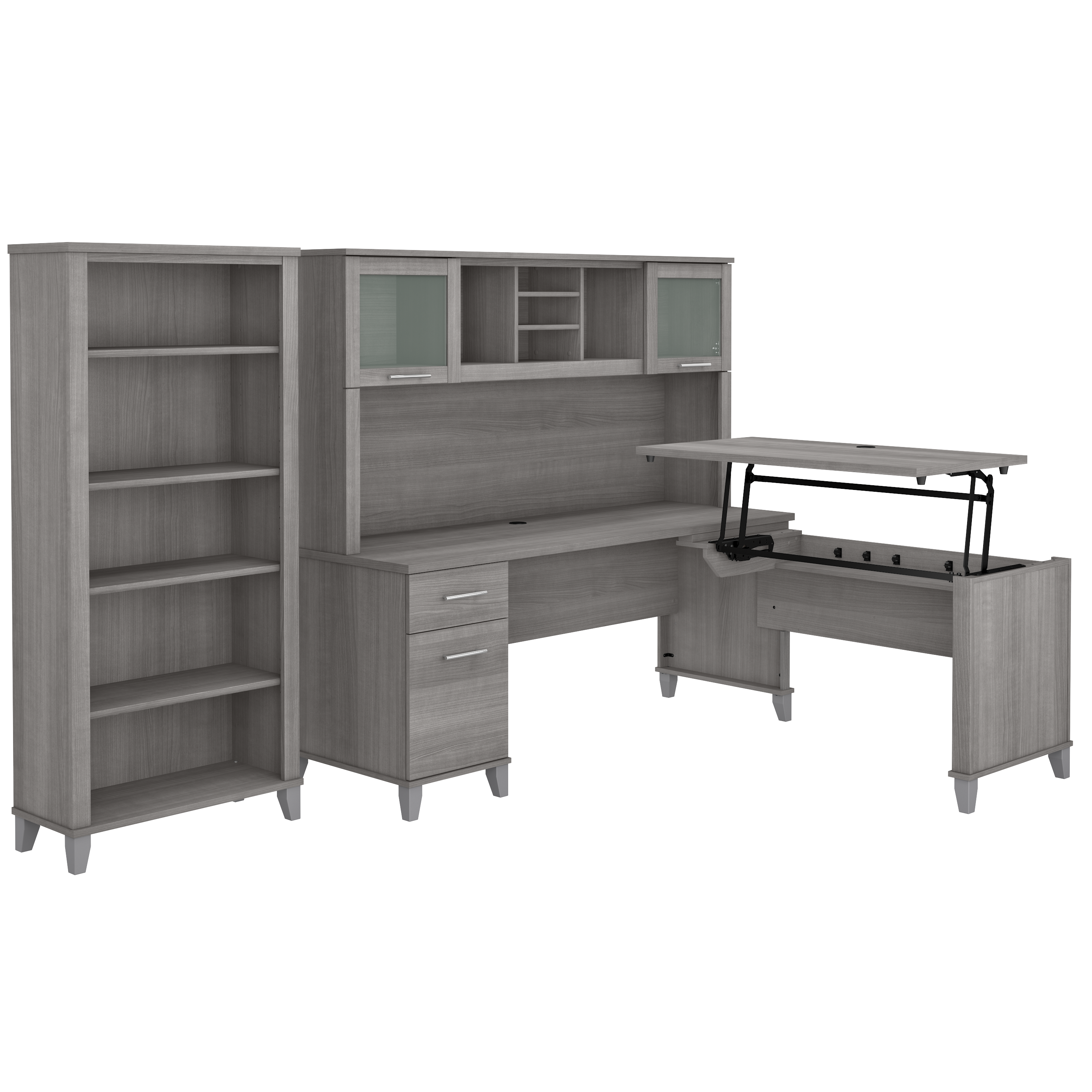 Bush Furniture Somerset 72W 3 Position Sit to Stand L Shaped Desk with Hutch and Bookcase | Platinum Gray_0