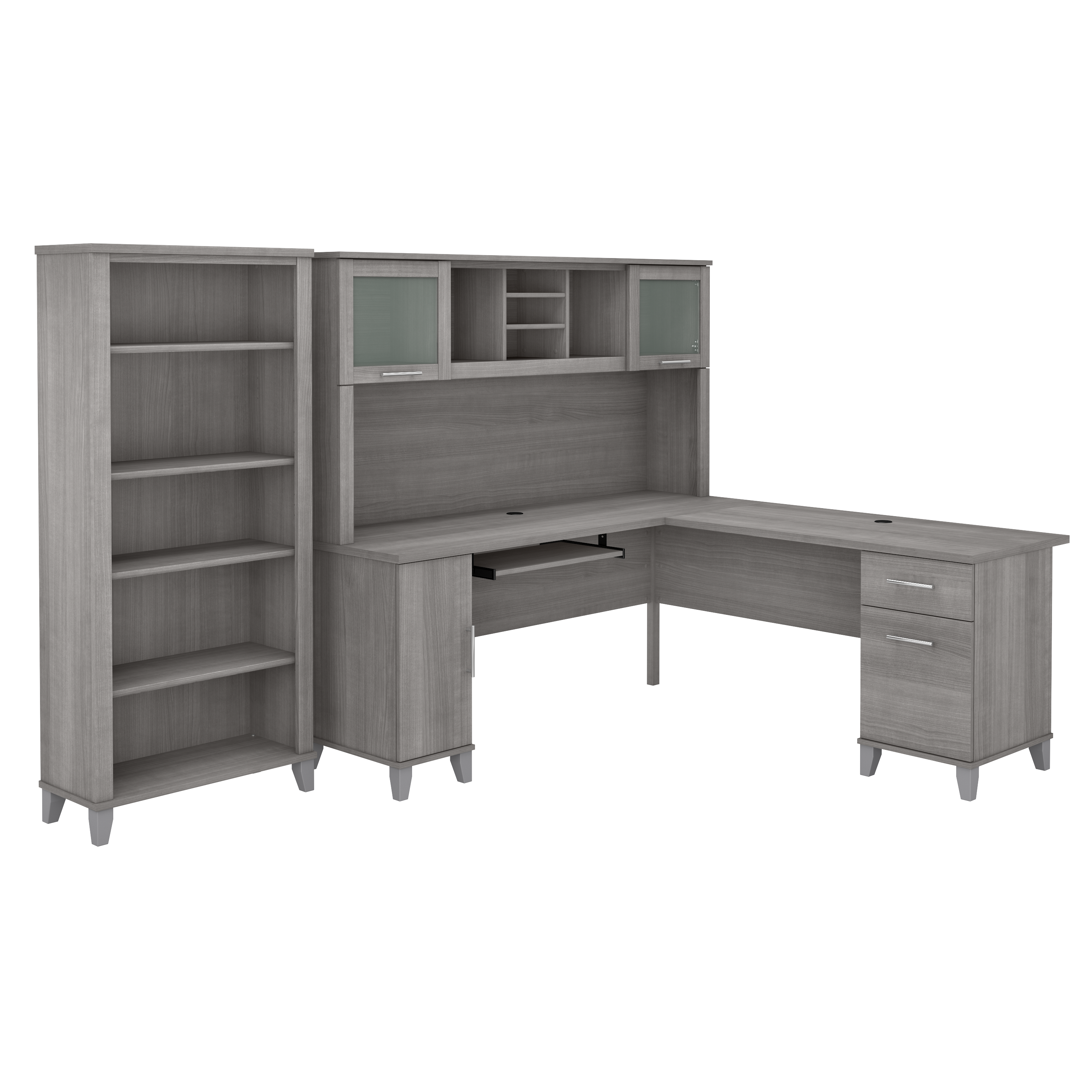 Bush Furniture Somerset 72W L Shaped Desk with Hutch and 5 Shelf Bookcase | Platinum Gray_0