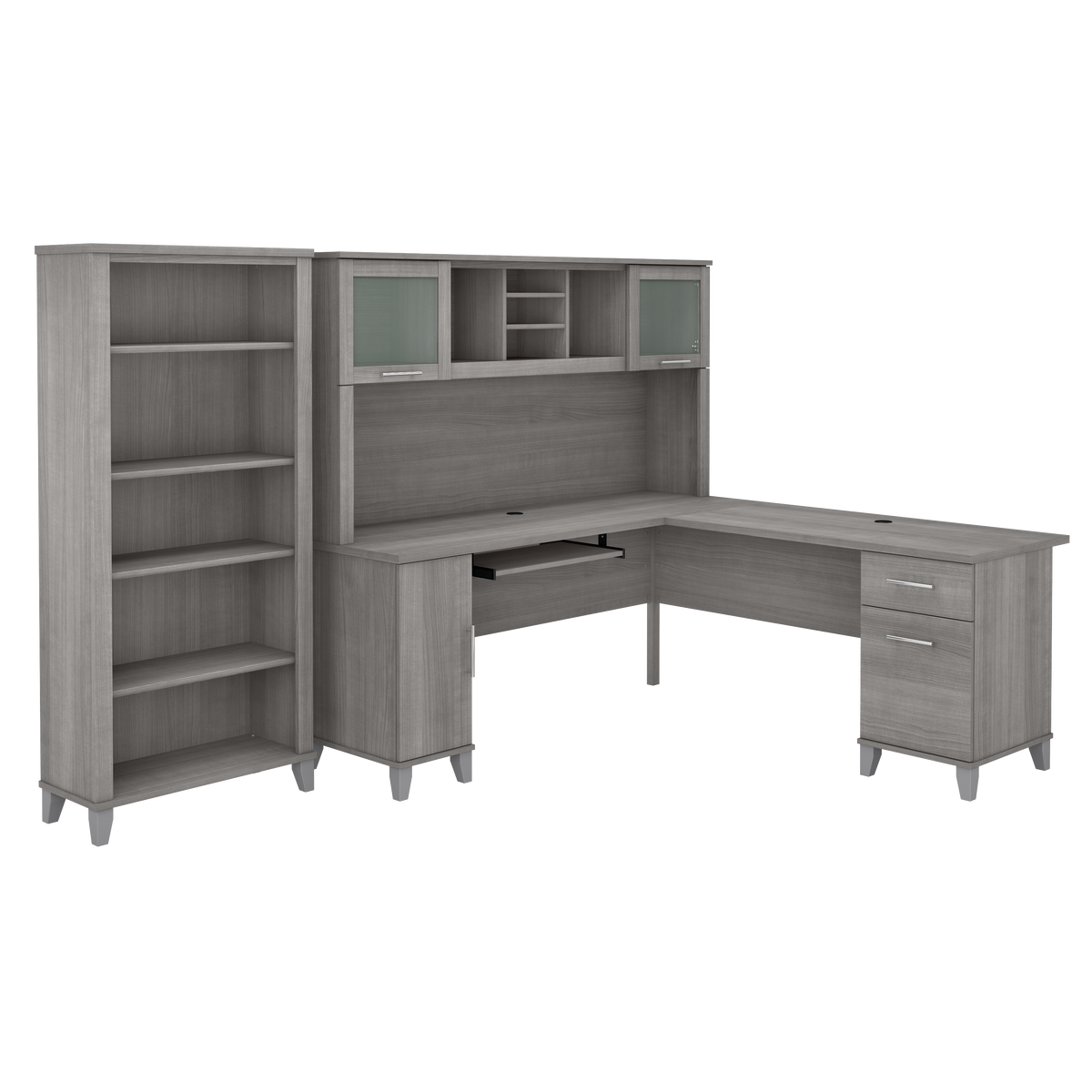Bush Furniture Somerset 72W L Shaped Desk with Hutch and 5 Shelf Bookcase | Platinum Gray_0