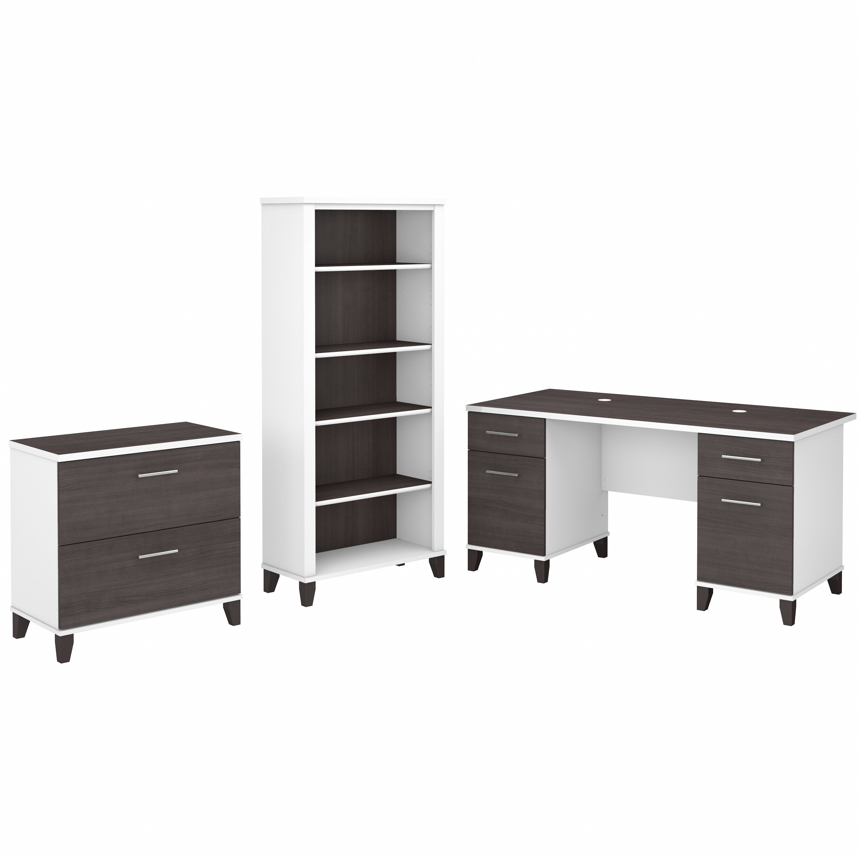 Bush Furniture Somerset 60W Office Desk with Lateral File Cabinet and 5 Shelf Bookcase | Storm Gray/White_0