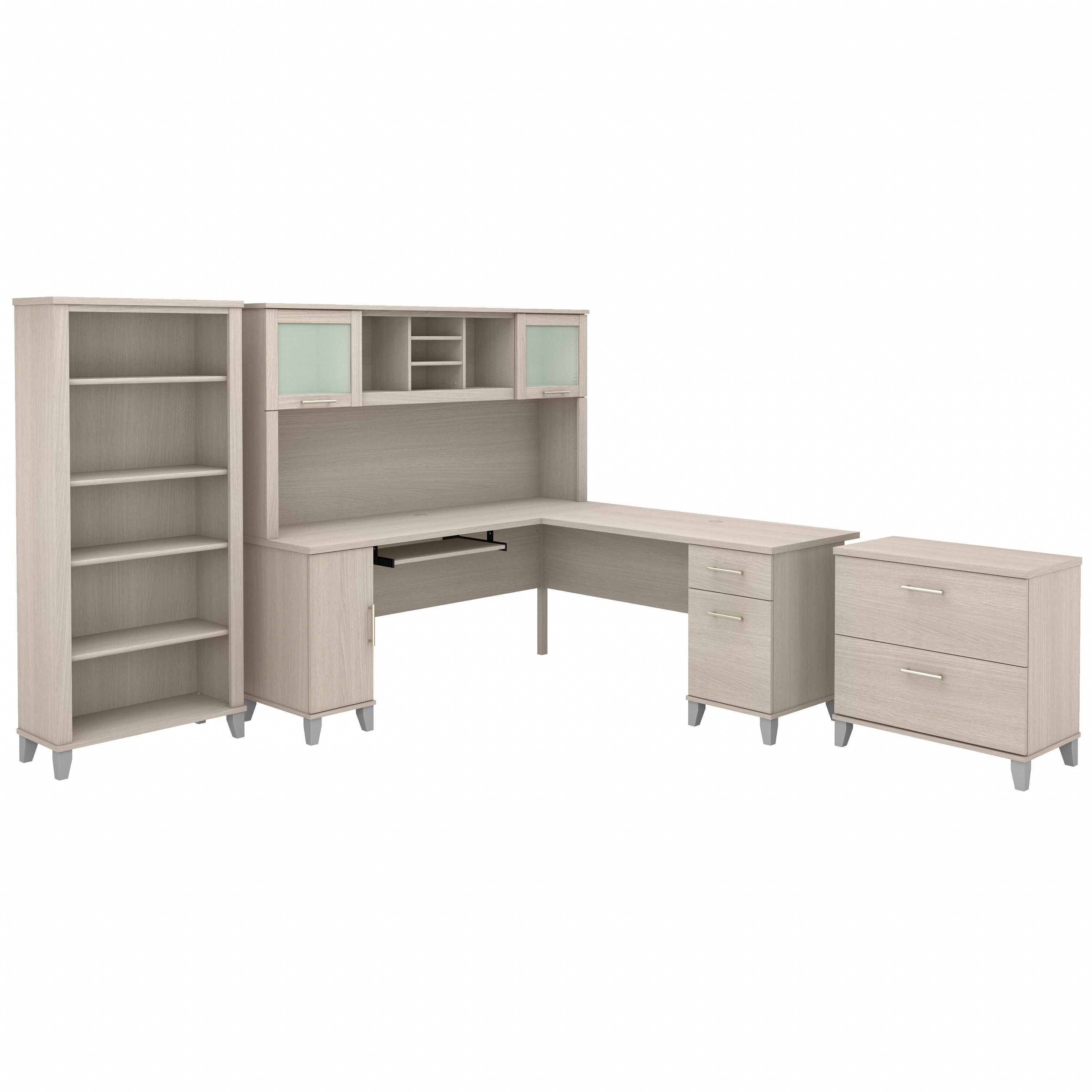 Bush Furniture Somerset 72W L Shaped Desk with Hutch, Lateral File Cabinet and Bookcase | Sand Oak_0