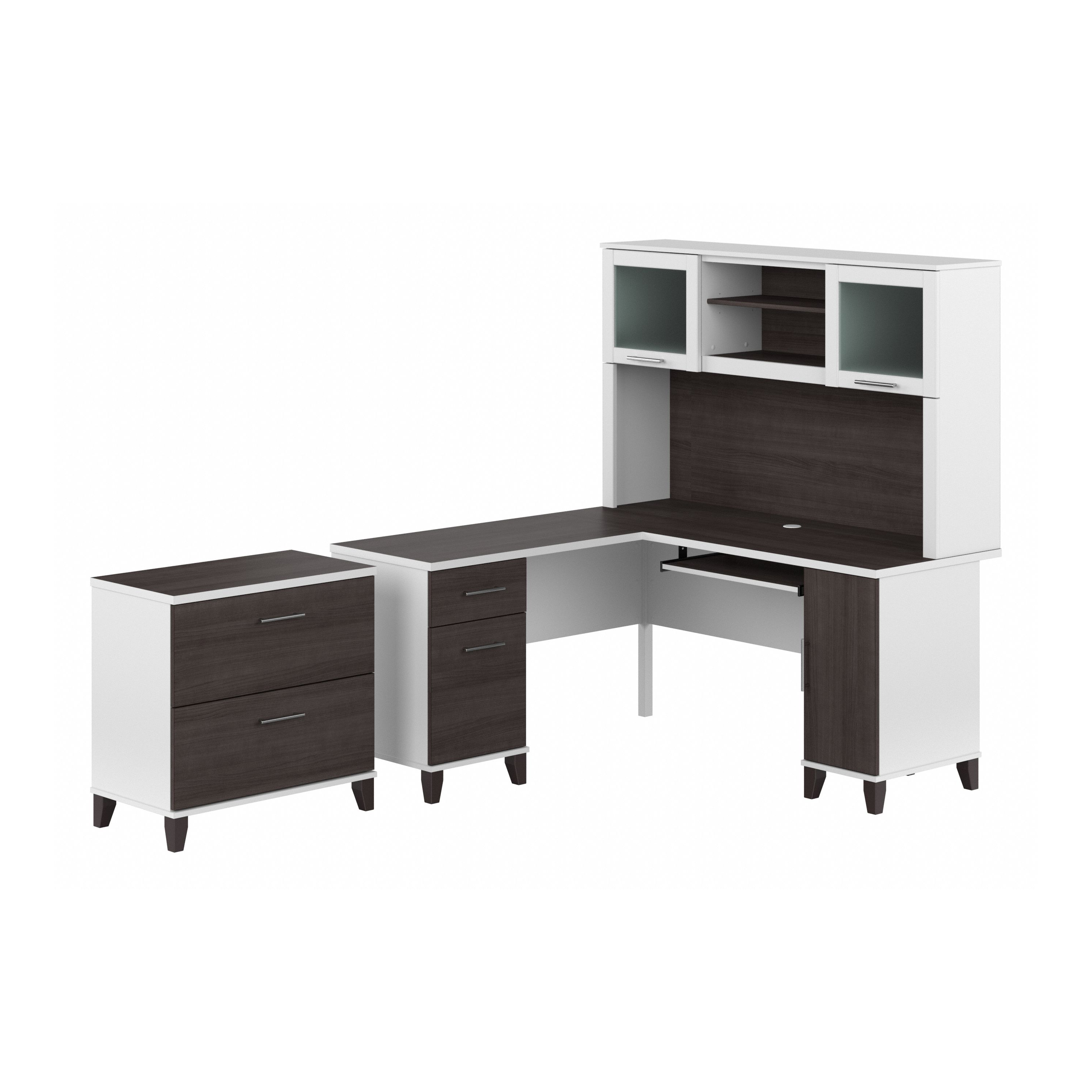 Bush Furniture Somerset 60W L Shaped Desk with Hutch and Lateral File Cabinet | Storm Gray/White_0