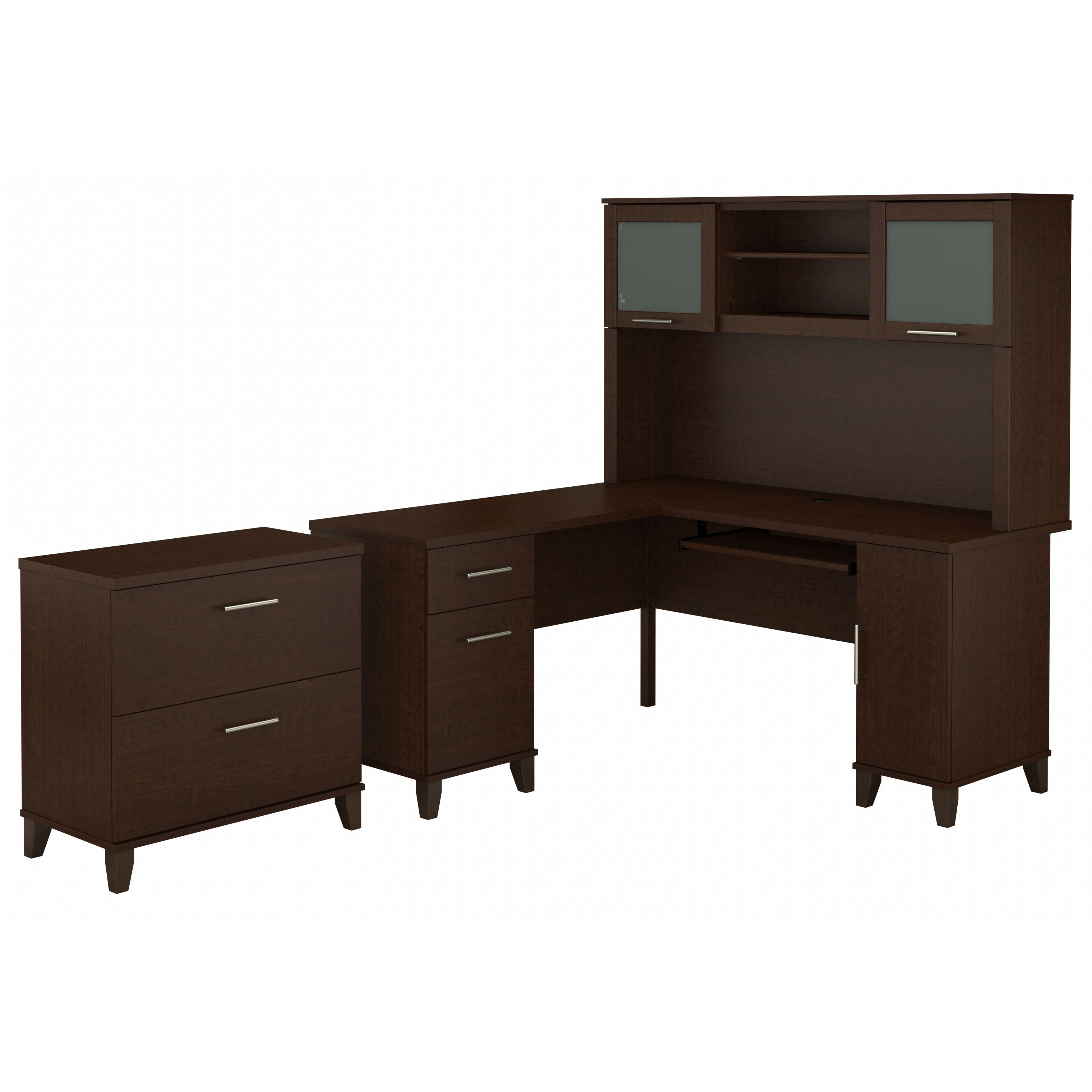 Bush Furniture Somerset 60W L Shaped Desk with Hutch and Lateral File Cabinet | Mocha Cherry_0