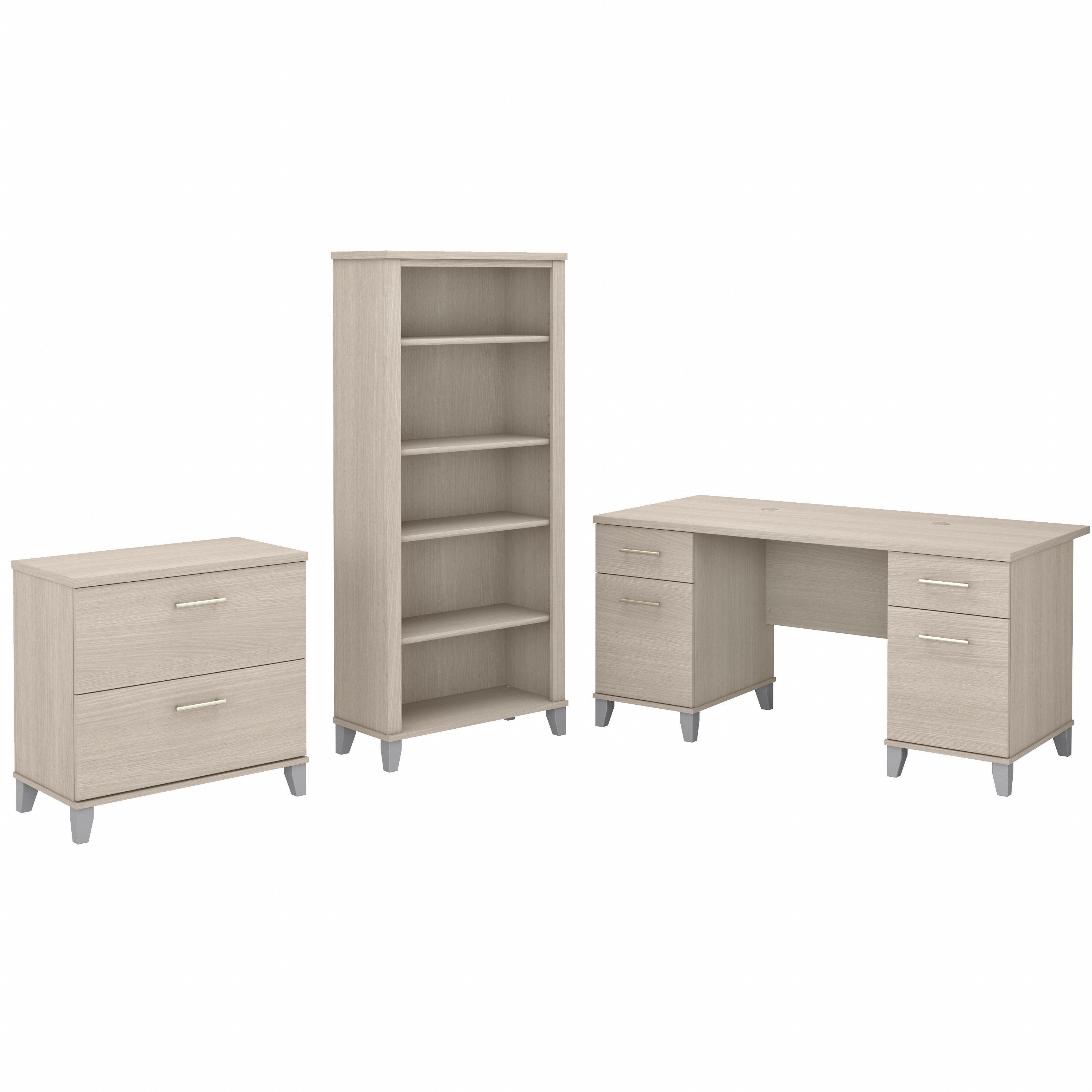 Bush Furniture Somerset 60W Office Desk with Lateral File Cabinet and 5 Shelf Bookcase | Sand Oak_0