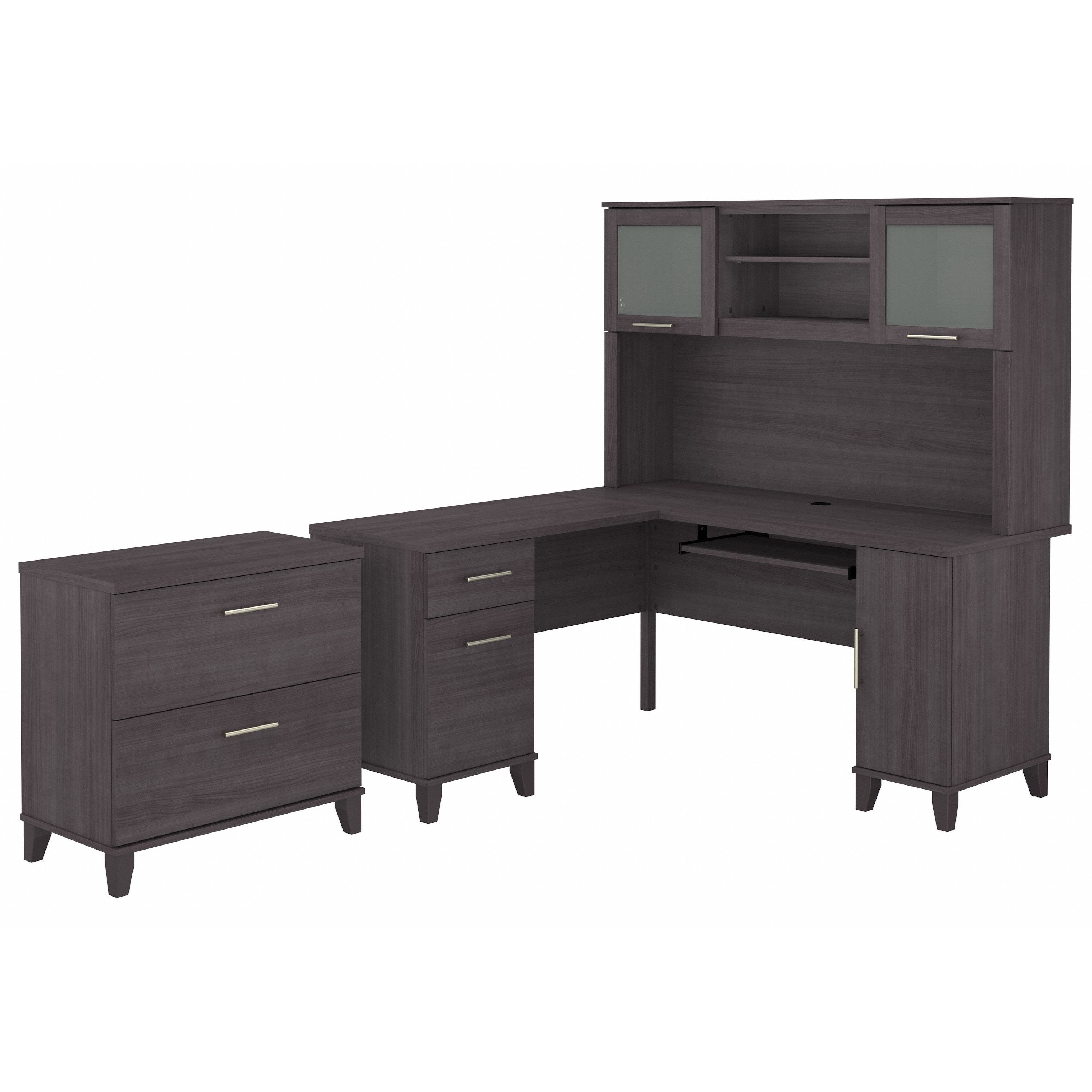 Bush Furniture Somerset 60W L Shaped Desk with Hutch and Lateral File Cabinet | Storm Gray_0