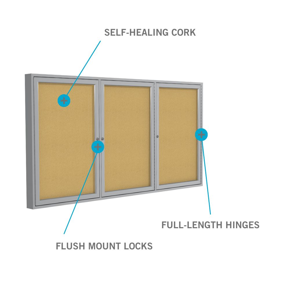 Ghent 3 Door Enclosed Natural Cork Bulletin Board w/ Satin Aluminum Frame, 4'H x 8'W_0