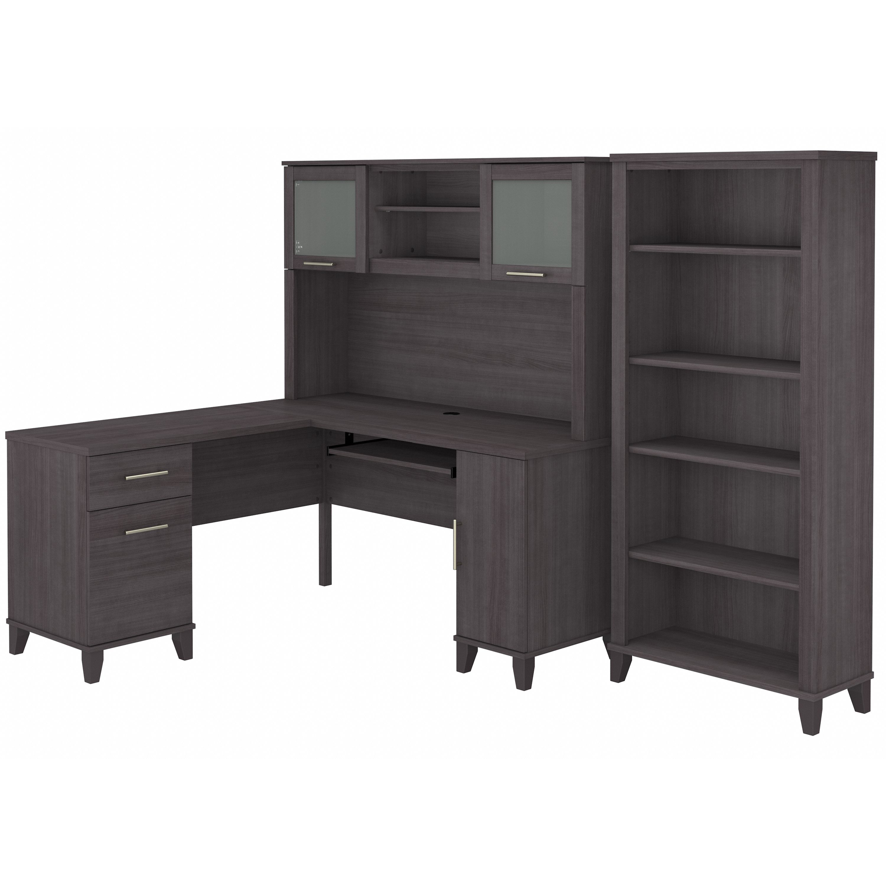 Bush Furniture Somerset 60W L Shaped Desk with Hutch and 5 Shelf Bookcase | Storm Gray_0