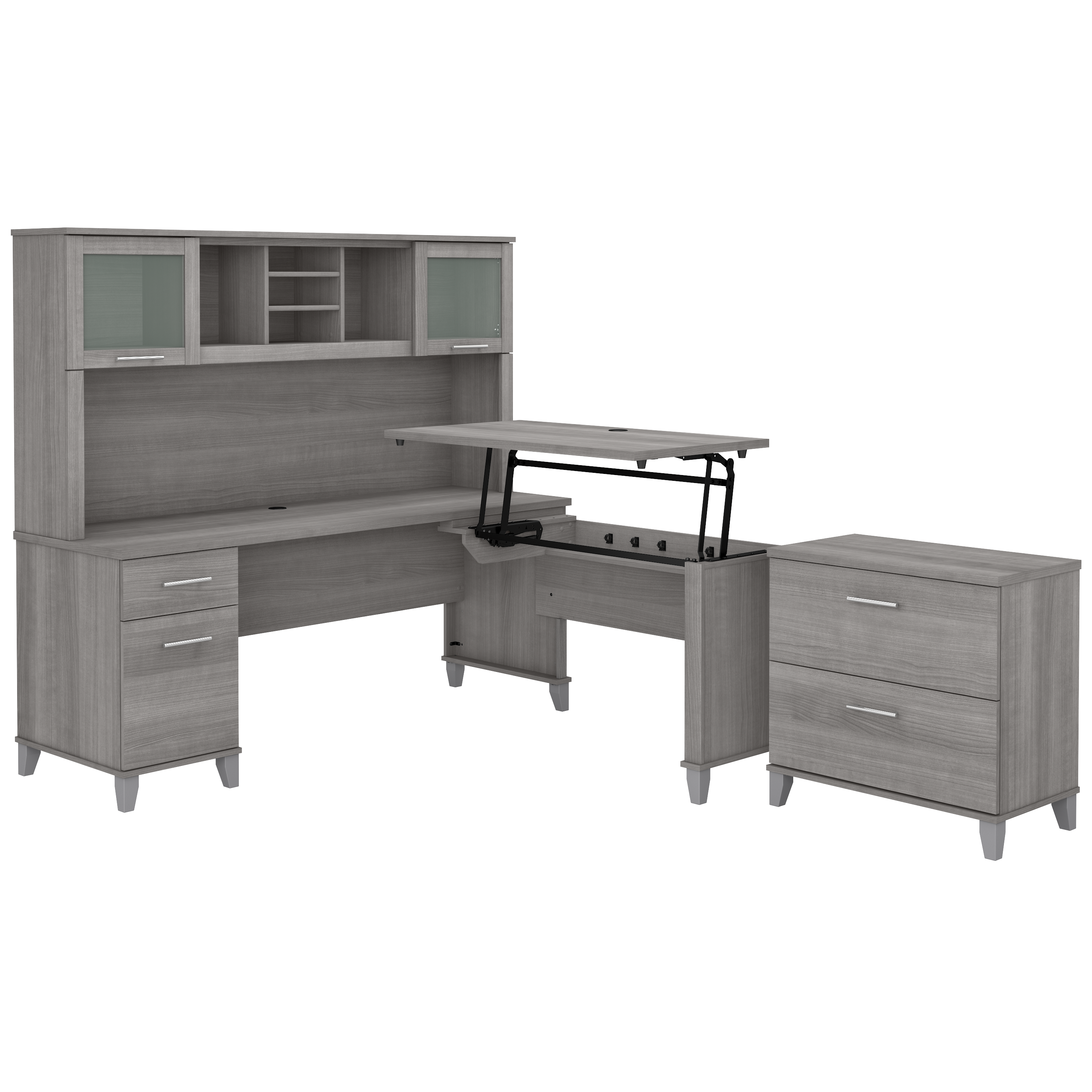 Bush Furniture Somerset 72W 3 Position Sit to Stand L Shaped Desk with Hutch and File Cabinet | Platinum Gray_0