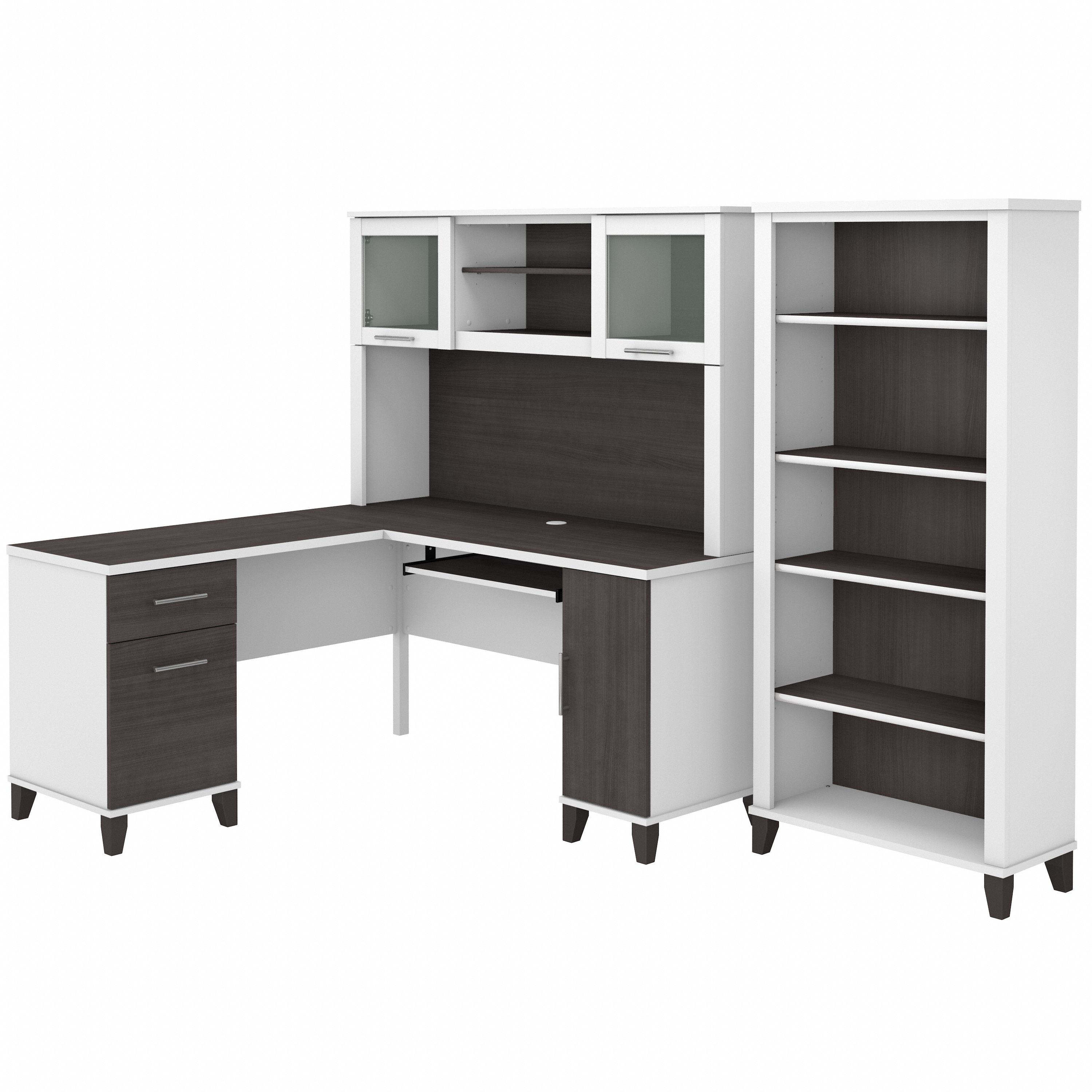 Bush Furniture Somerset 60W L Shaped Desk with Hutch and 5 Shelf Bookcase | Storm Gray/White_0