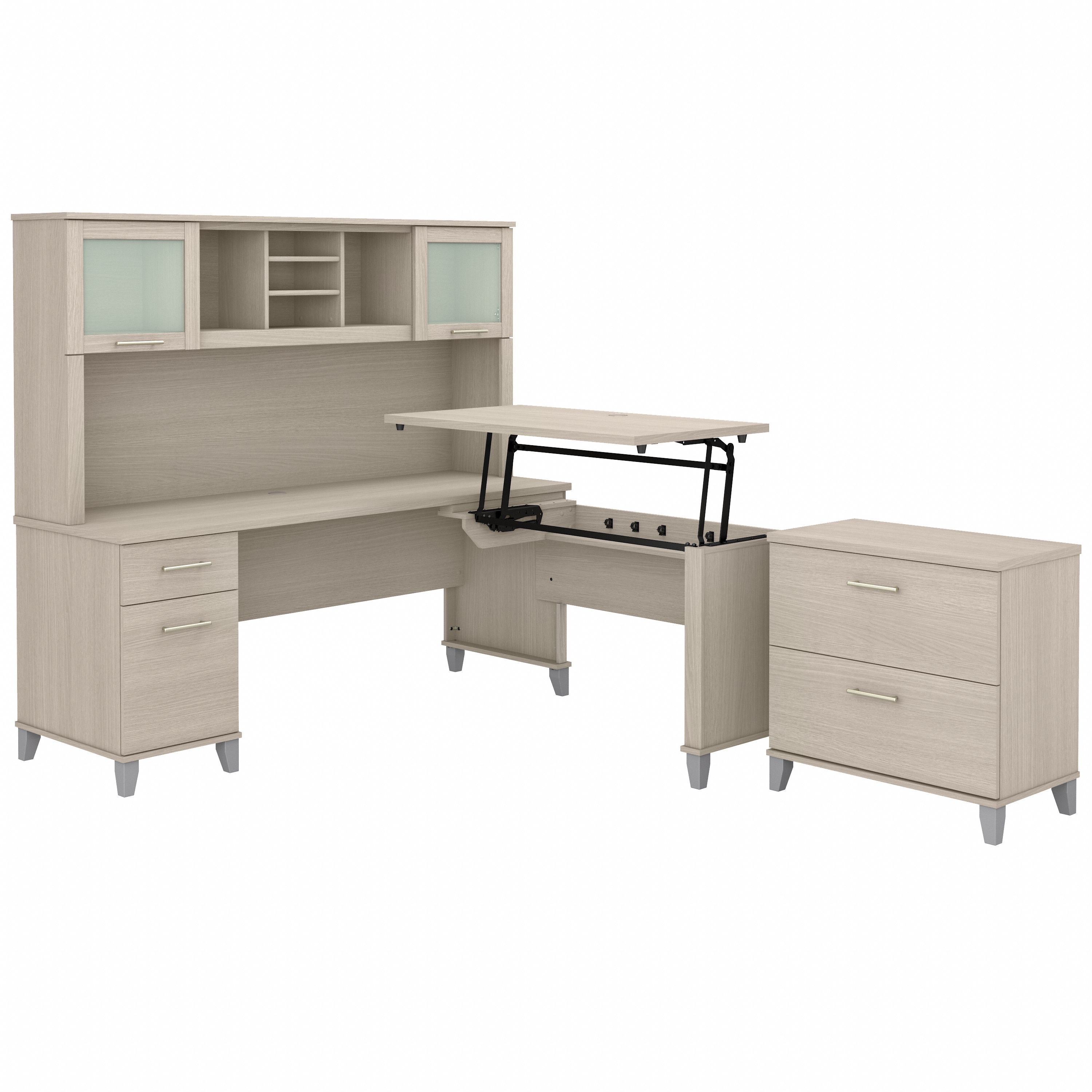 Bush Furniture Somerset 72W 3 Position Sit to Stand L Shaped Desk with Hutch and File Cabinet | Sand Oak_0