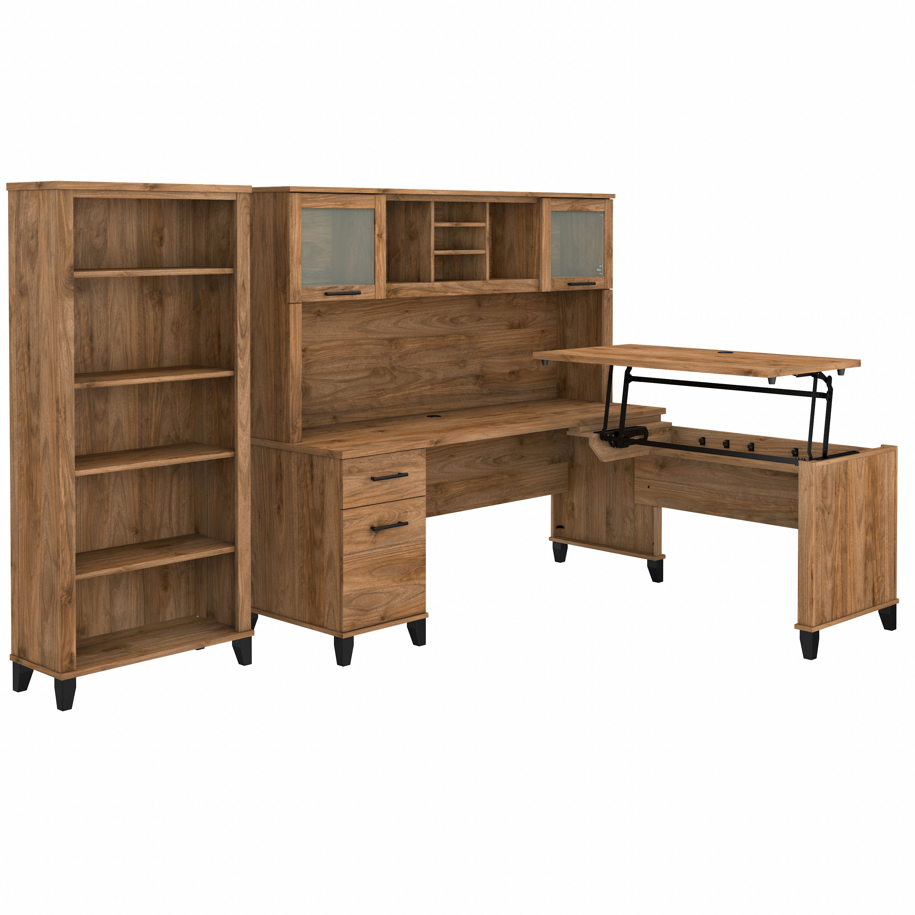 Bush Furniture Somerset 72W 3 Position Sit to Stand L Shaped Desk with Hutch and Bookcase | Fresh Walnut_0