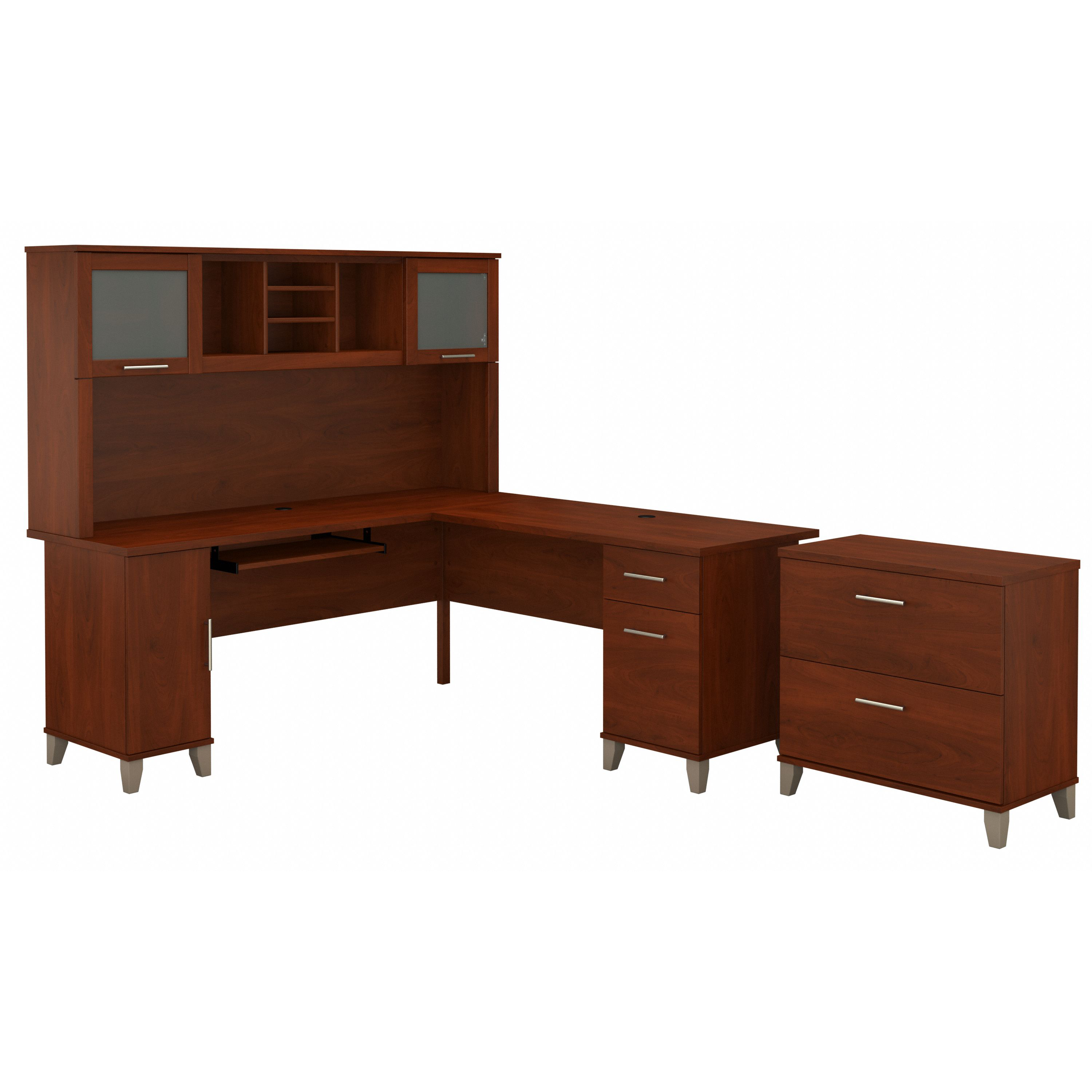 Bush Furniture Somerset 72W L Shaped Desk with Hutch and Lateral File Cabinet | Hansen Cherry_0