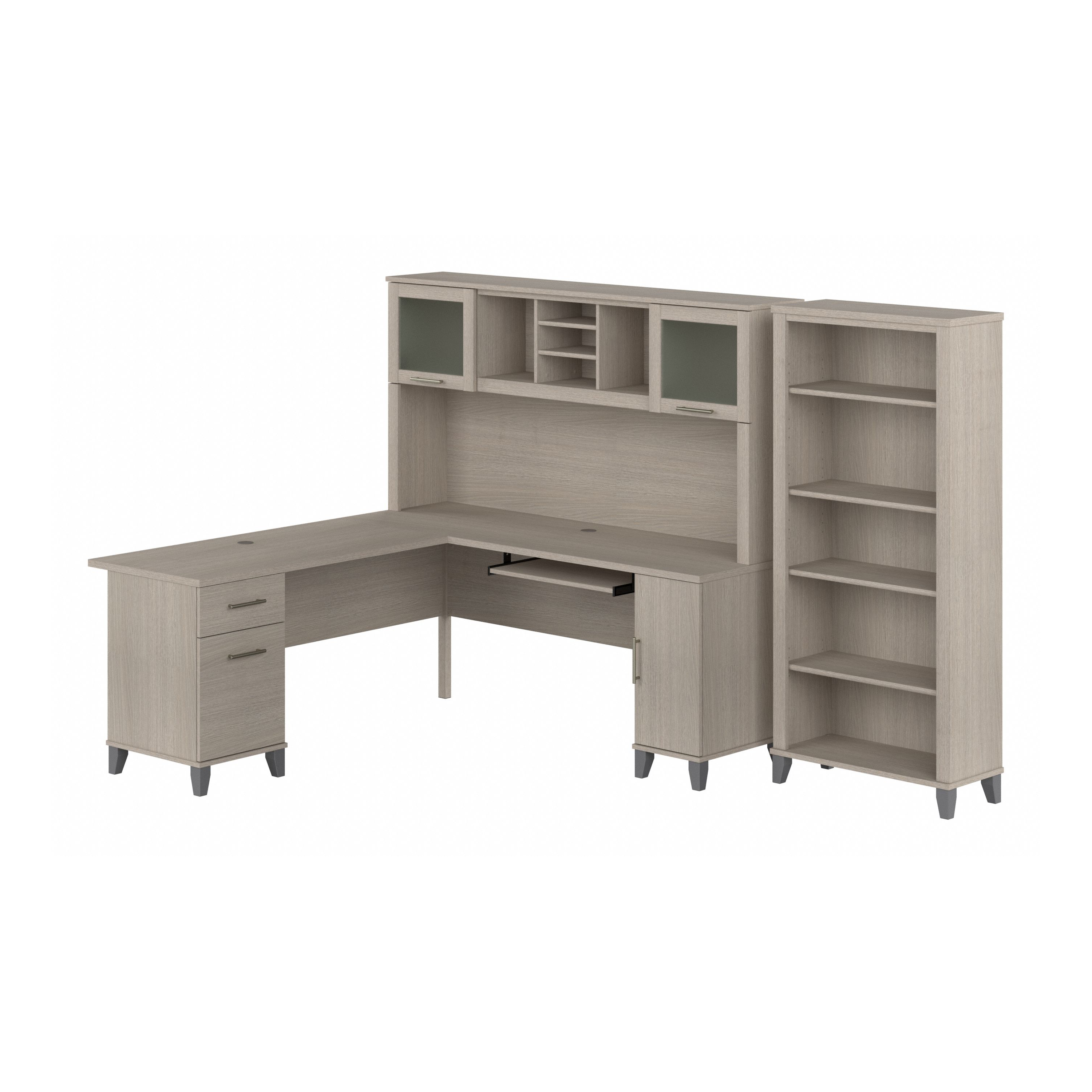 Bush Furniture Somerset 72W L Shaped Desk with Hutch and 5 Shelf Bookcase | Sand Oak_0