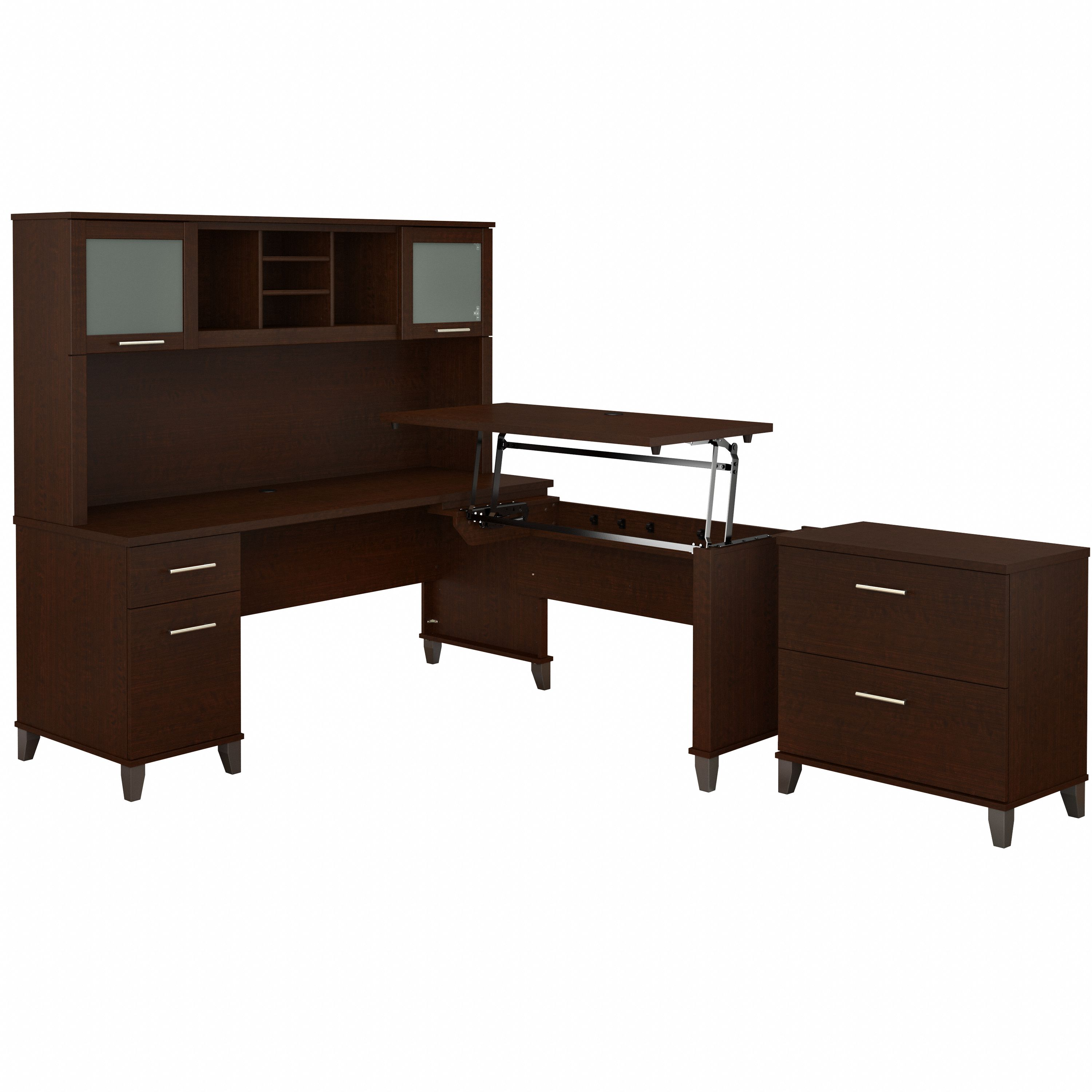 Bush Furniture Somerset 72W 3 Position Sit to Stand L Shaped Desk with Hutch and File Cabinet | Mocha Cherry_0