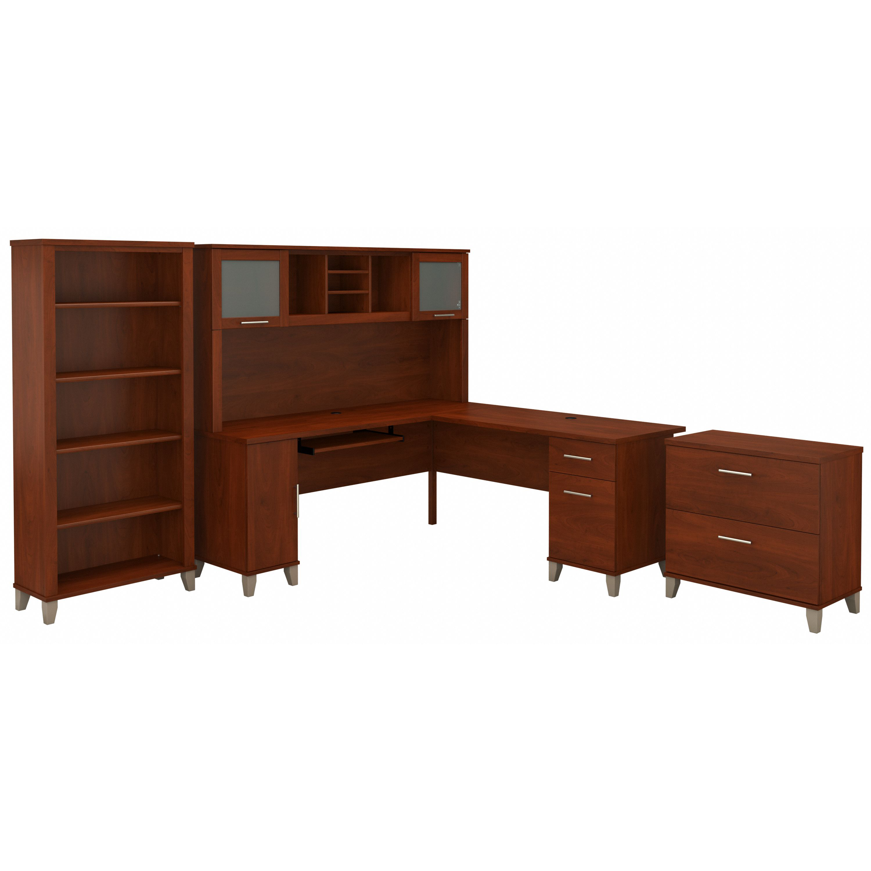 Bush Furniture Somerset 72W L Shaped Desk with Hutch, Lateral File Cabinet and Bookcase | Hansen Cherry_0