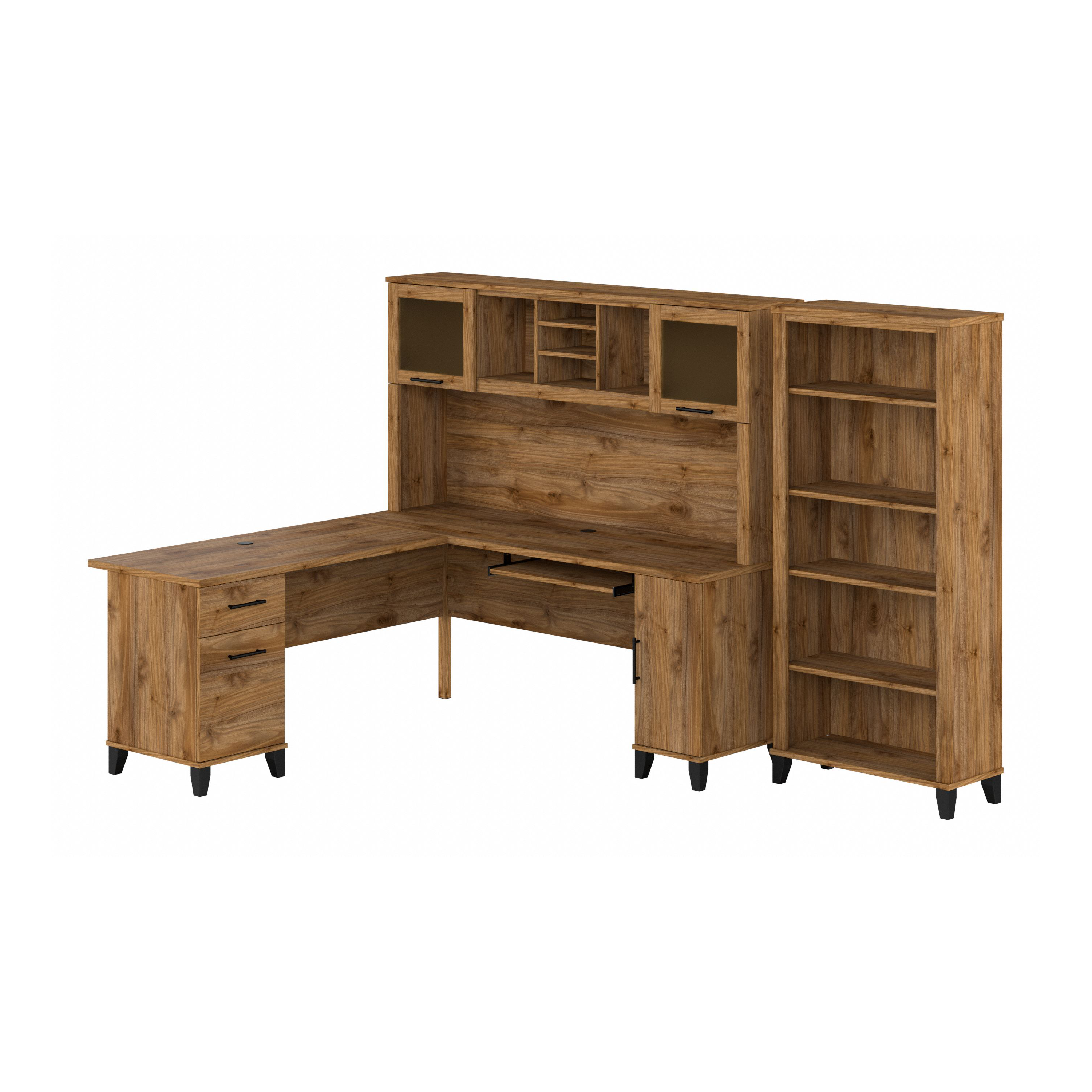 Bush Furniture Somerset 72W L Shaped Desk with Hutch and 5 Shelf Bookcase | Fresh Walnut_0