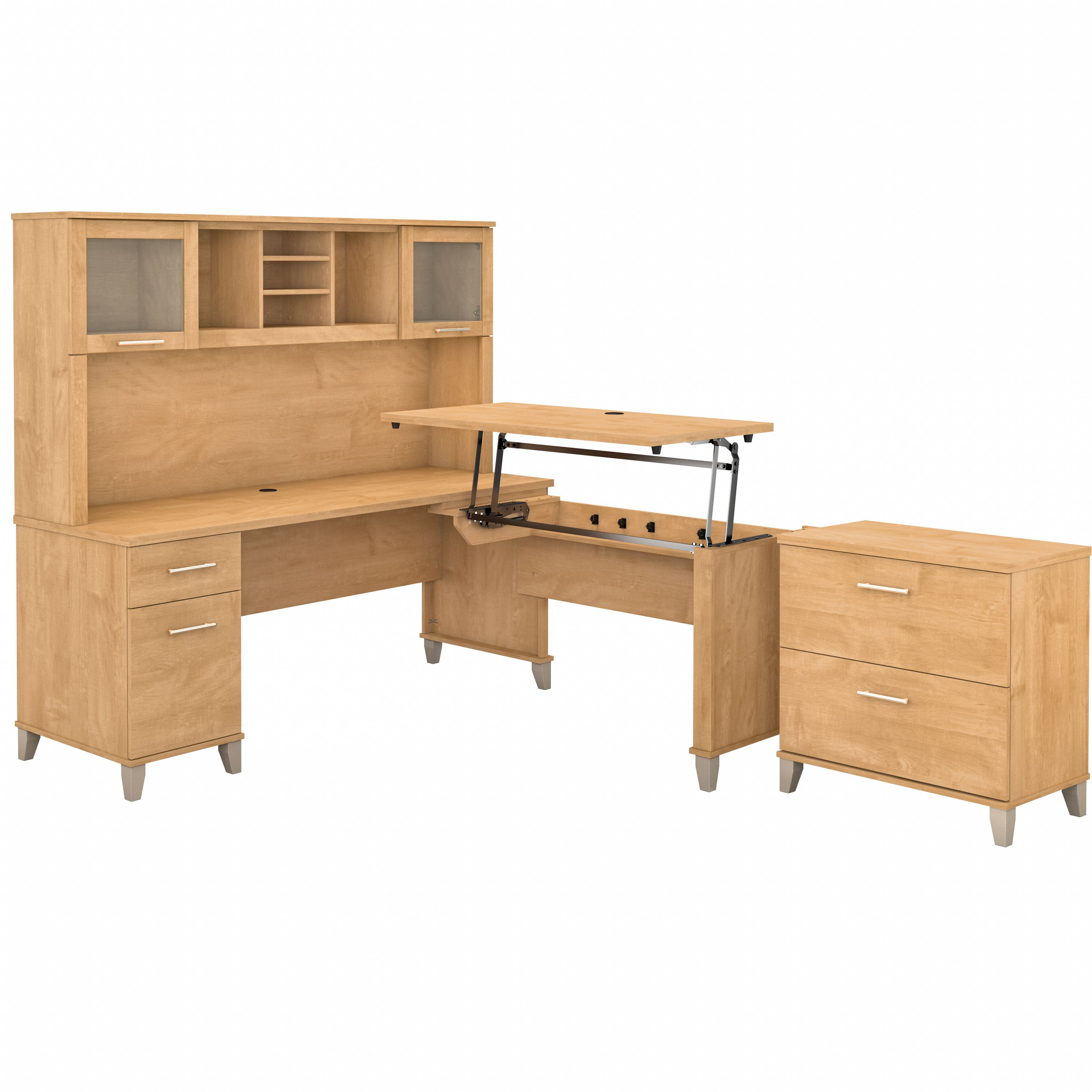 Bush Furniture Somerset 72W 3 Position Sit to Stand L Shaped Desk with Hutch and File Cabinet | Maple Cross_0