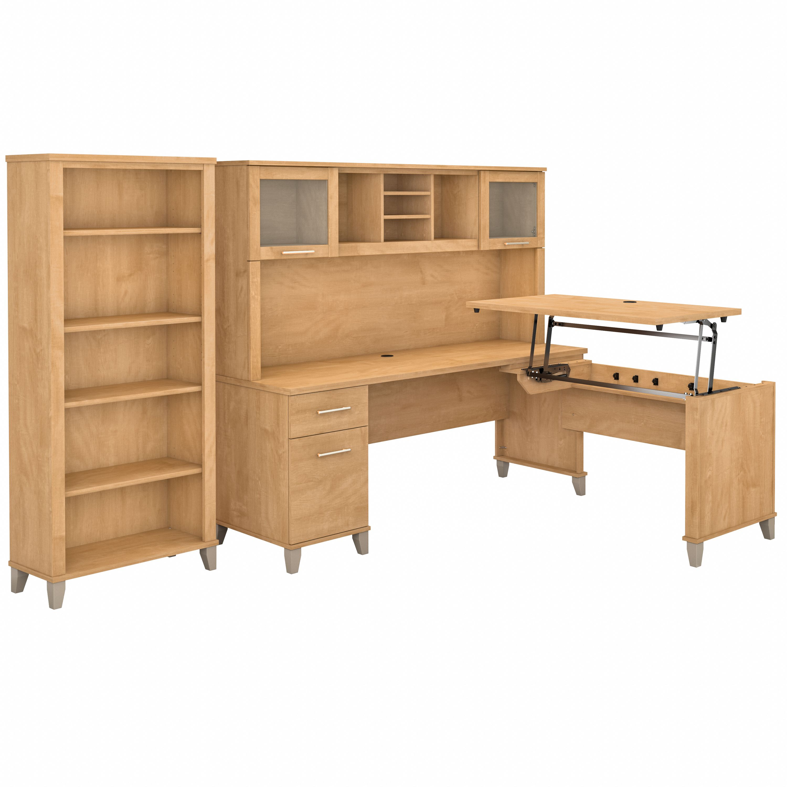 Bush Furniture Somerset 72W 3 Position Sit to Stand L Shaped Desk with Hutch and Bookcase | Maple Cross_0