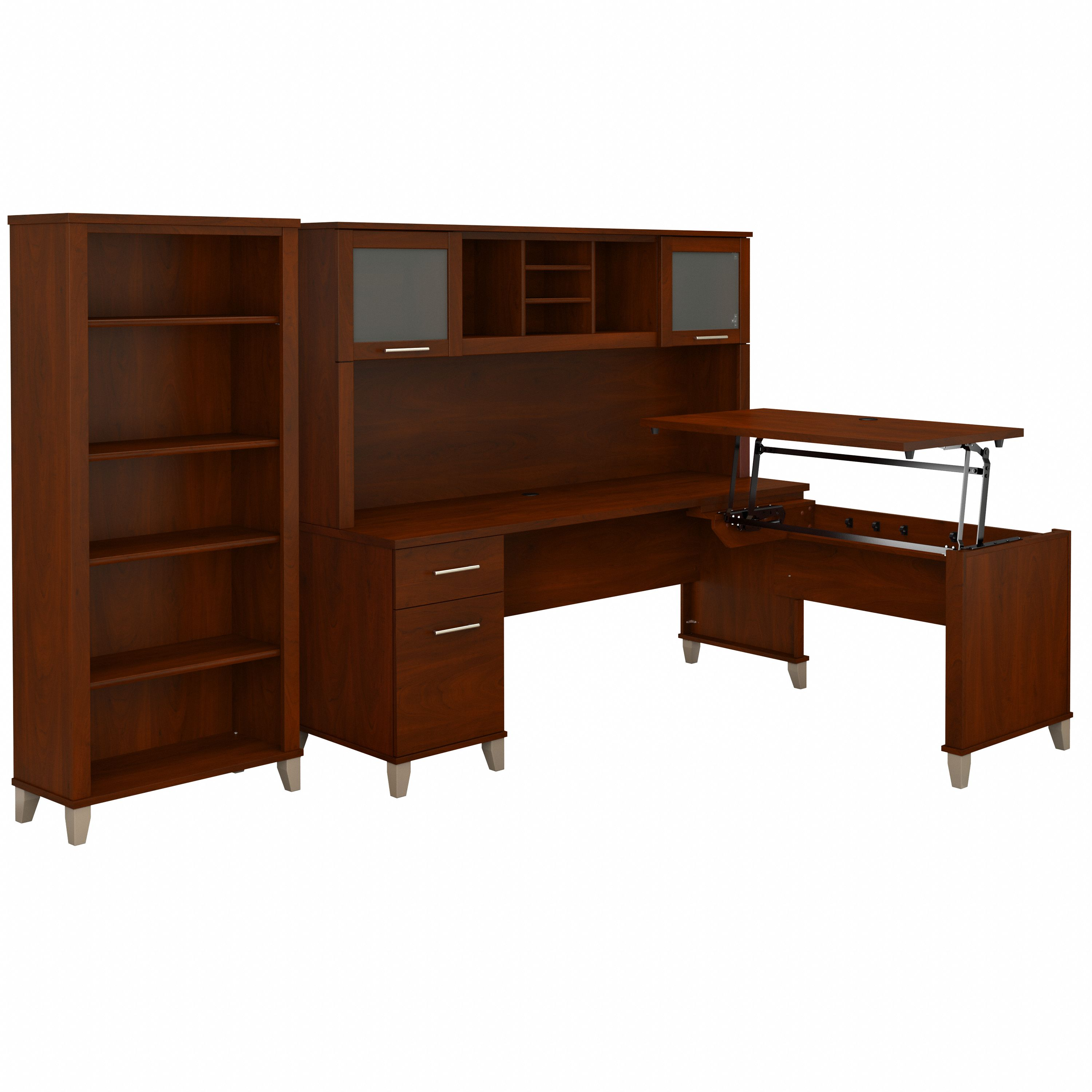 Bush Furniture Somerset 72W 3 Position Sit to Stand L Shaped Desk with Hutch and Bookcase | Hansen Cherry_0