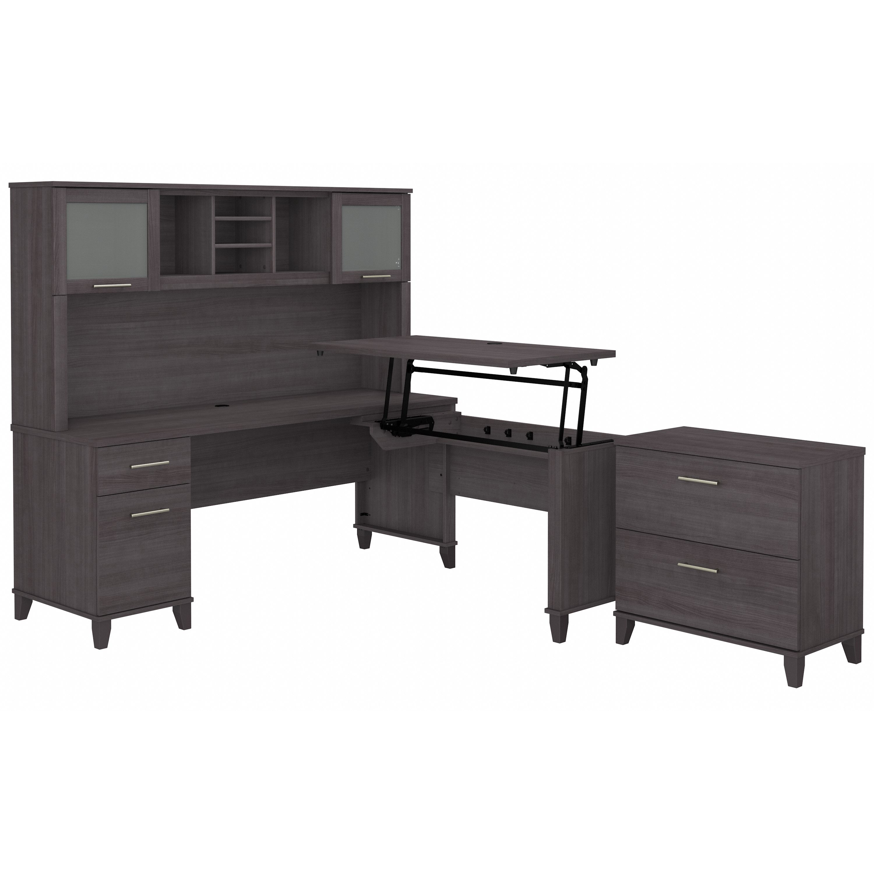 Bush Furniture Somerset 72W 3 Position Sit to Stand L Shaped Desk with Hutch and File Cabinet | Storm Gray_0