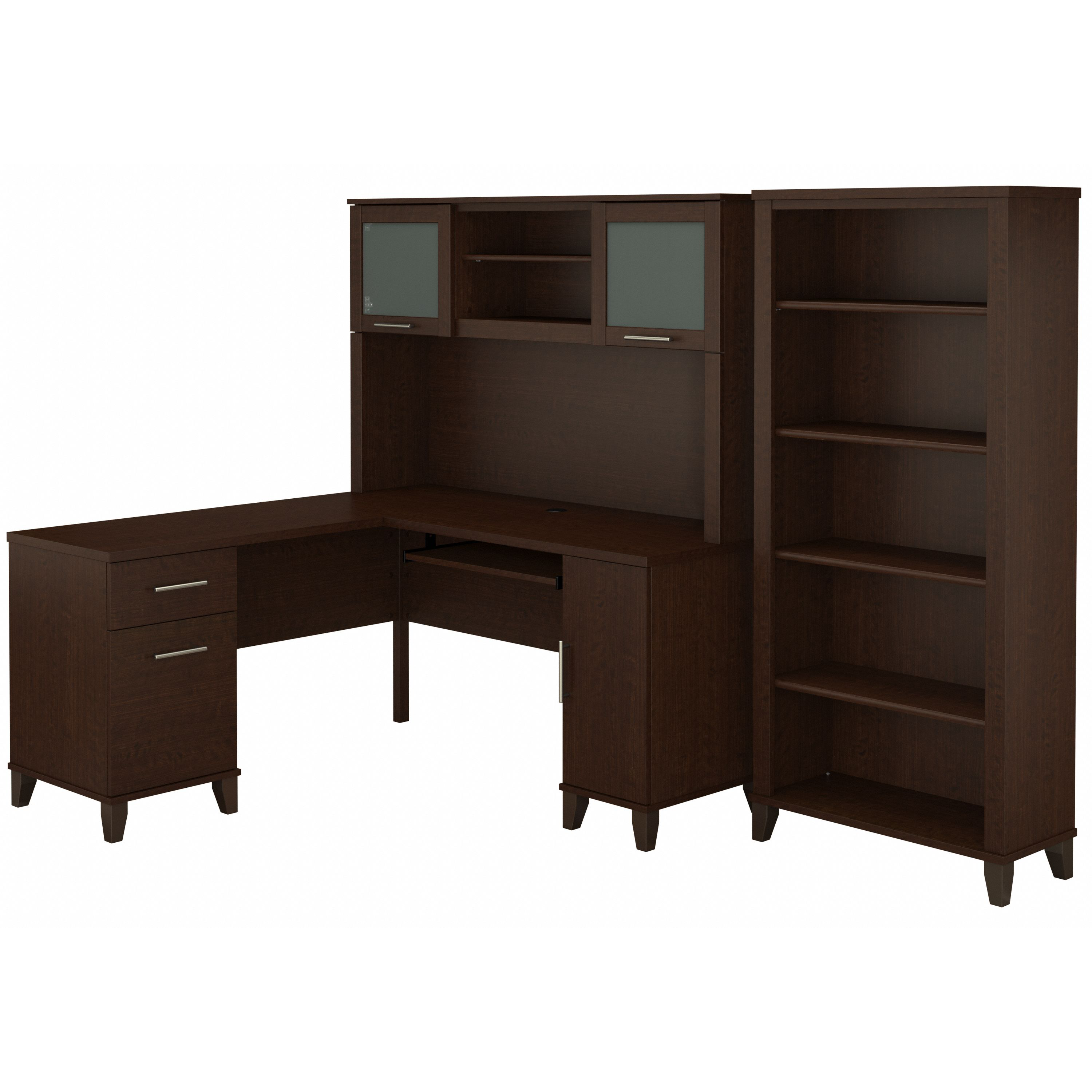 Bush Furniture Somerset 60W L Shaped Desk with Hutch and 5 Shelf Bookcase | Mocha Cherry_0