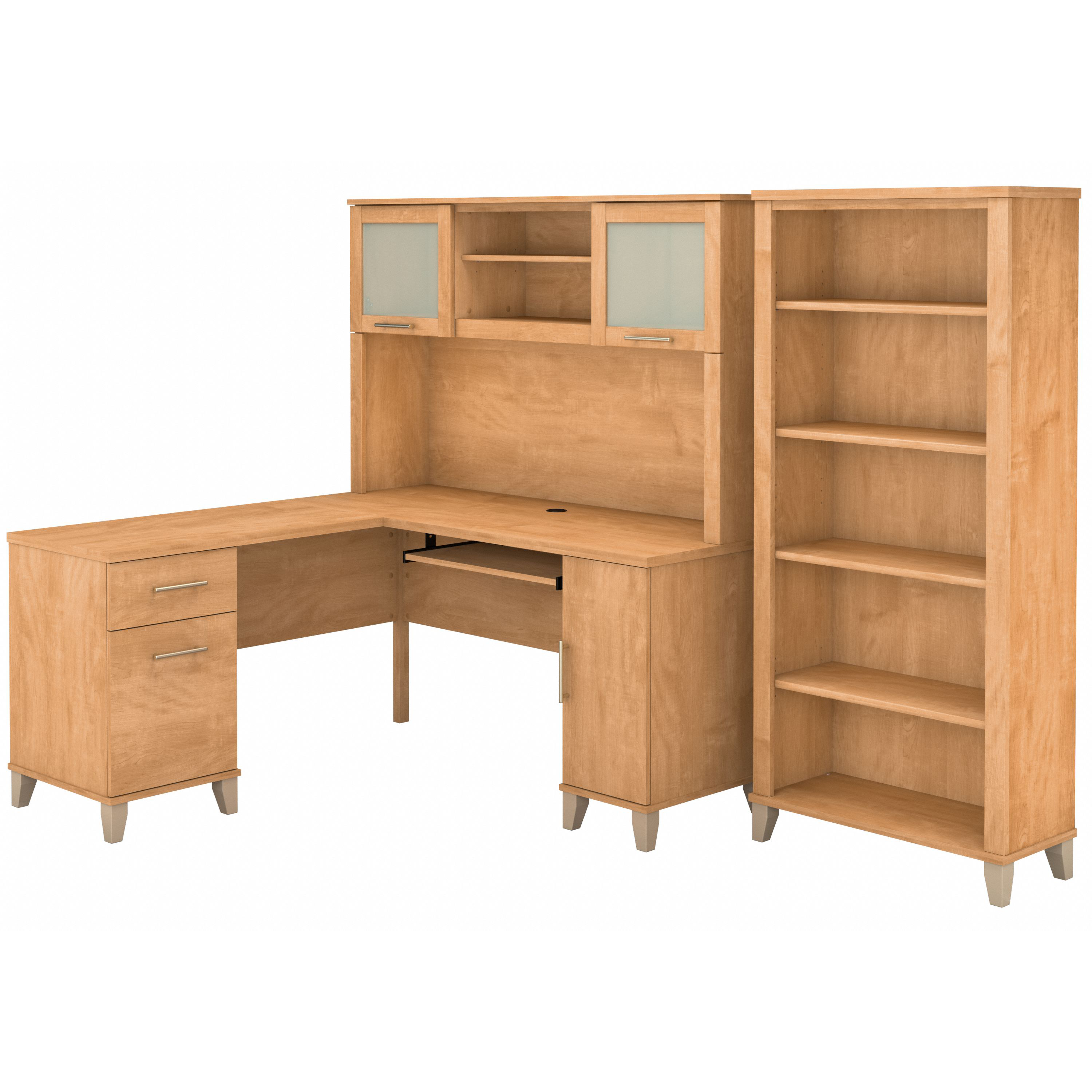 Bush Furniture Somerset 60W L Shaped Desk with Hutch and 5 Shelf Bookcase | Maple Cross_0