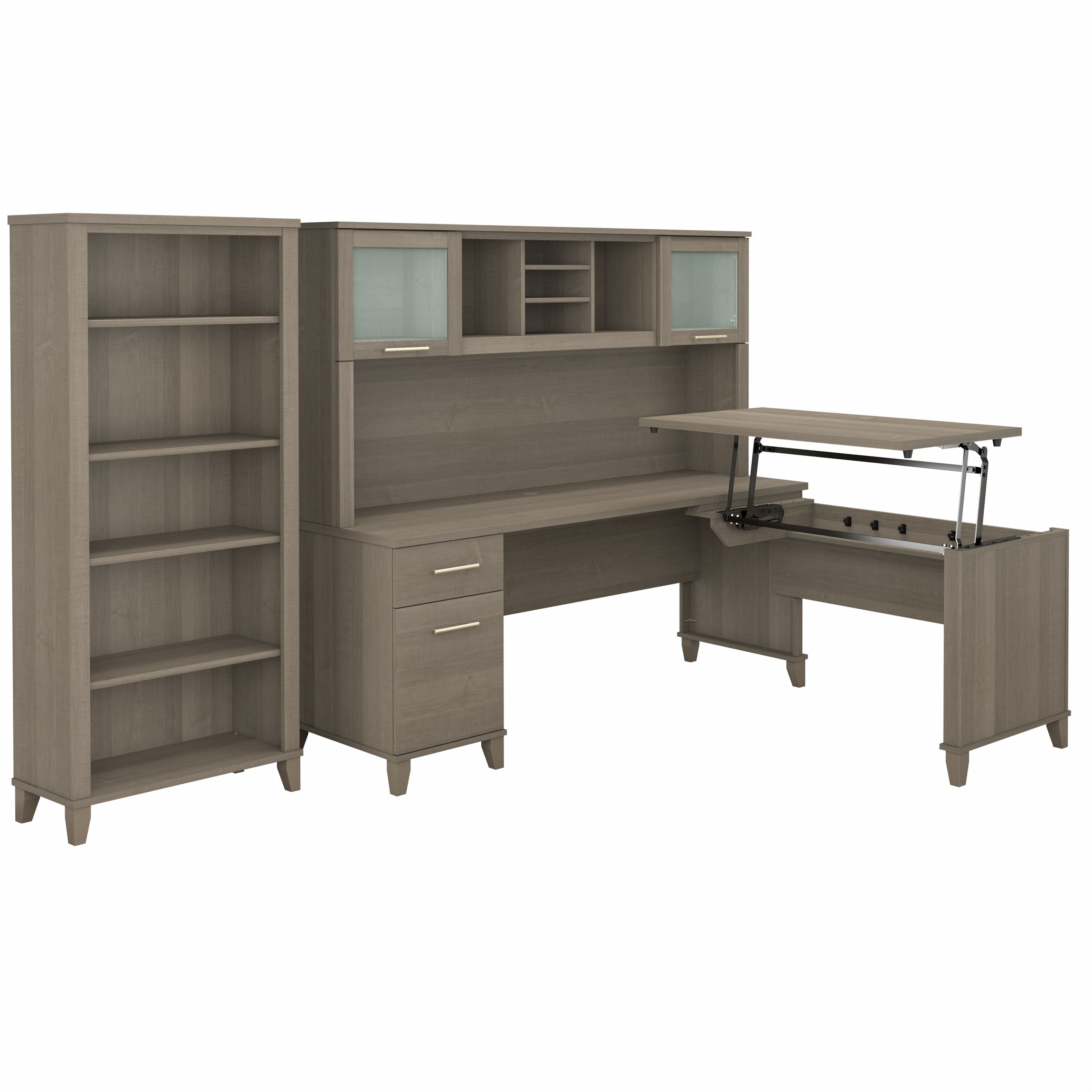 Bush Furniture Somerset 72W 3 Position Sit to Stand L Shaped Desk with Hutch and Bookcase | Ash Gray_0