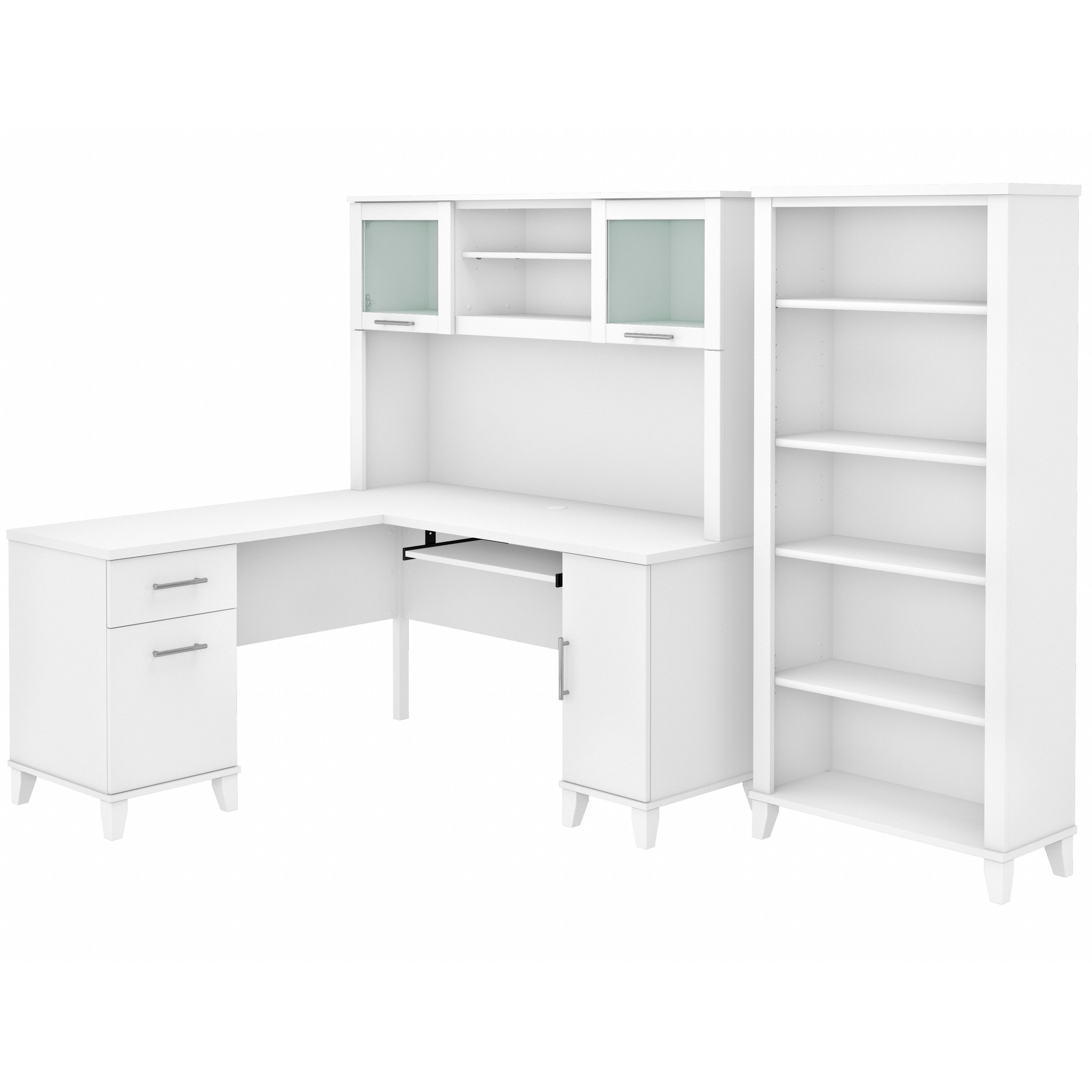 Bush Furniture Somerset 60W L Shaped Desk with Hutch and 5 Shelf Bookcase | White_0