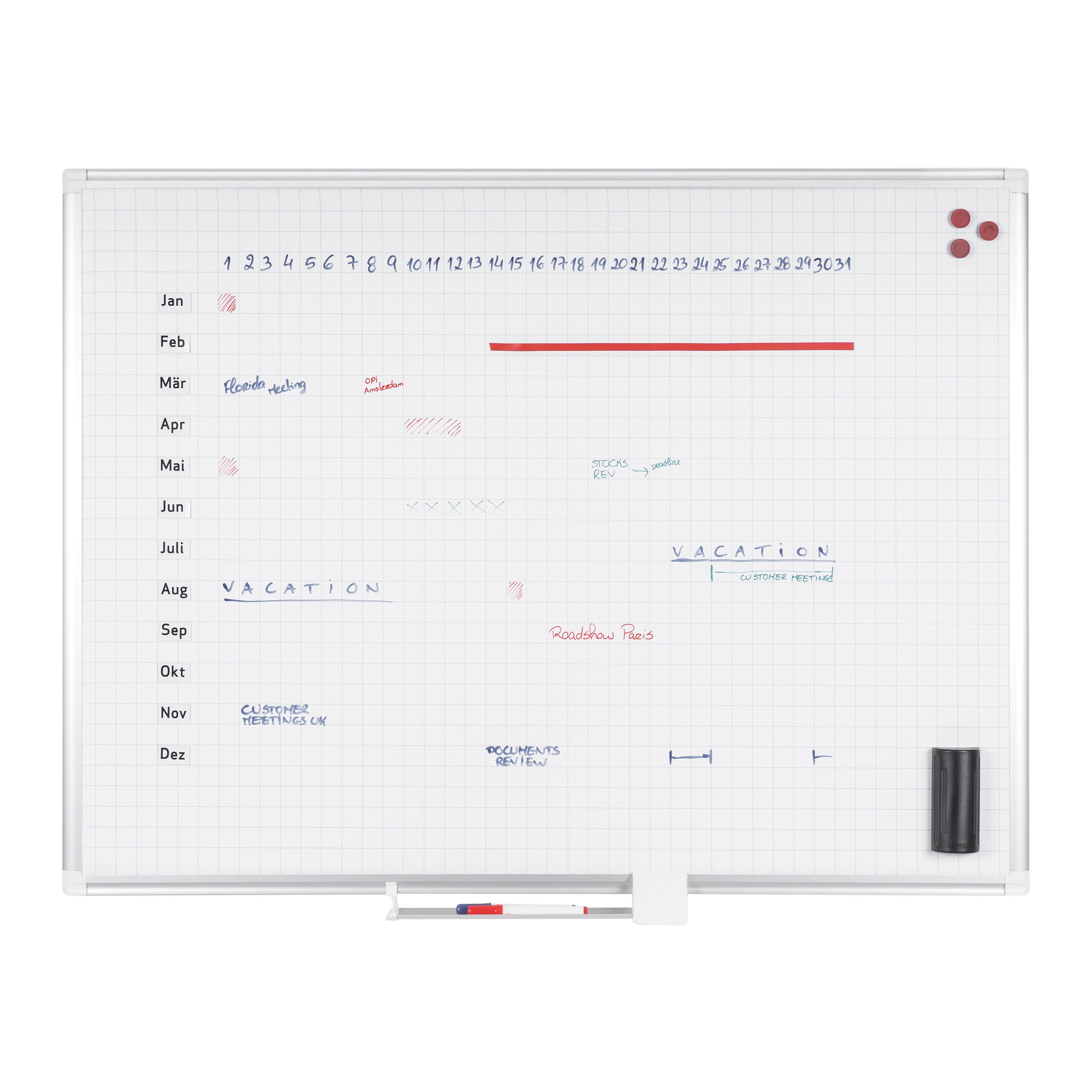 MasterVision Magnetic Porcelain Dry-Erase Planning Board, 2" x 2" Grid, Aluminum Frame, 36" x 48"