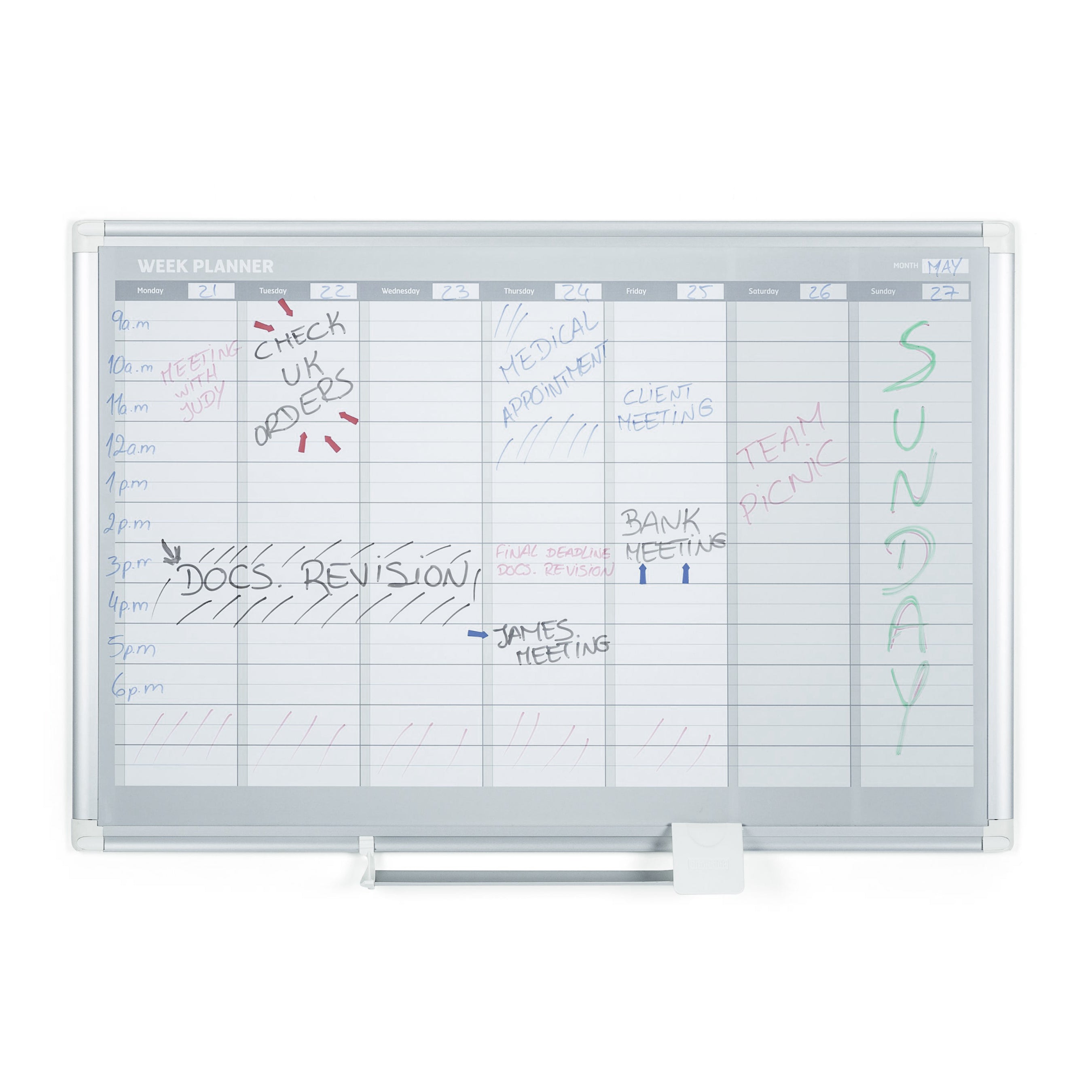 MasterVision Magnetic Steel Dry-Erase Weekly Planner, 24" x 36", Aluminum Frame