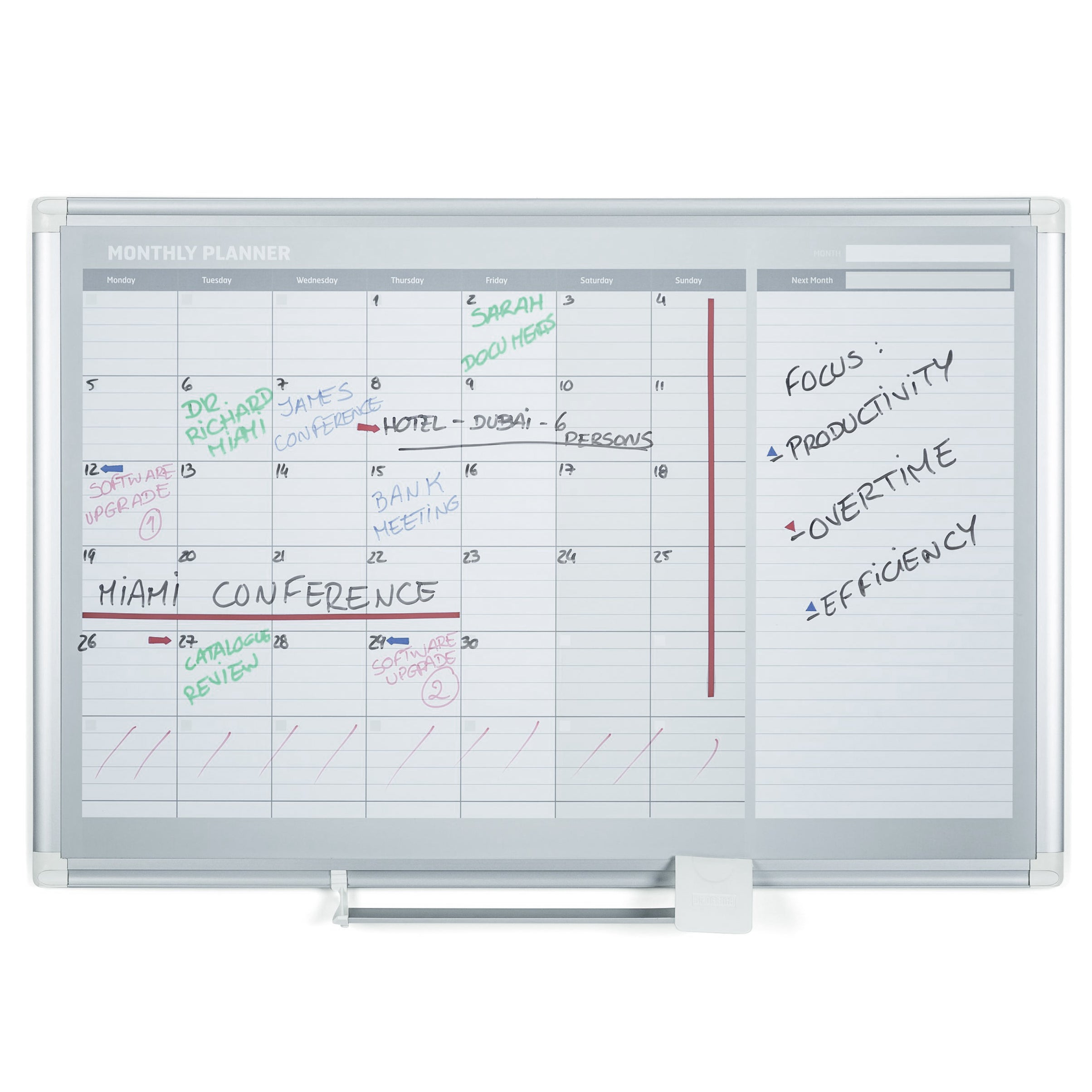 MasterVision Magnetic Steel Dry-Erase Monthly Planner, 24" x 36", Aluminum Frame