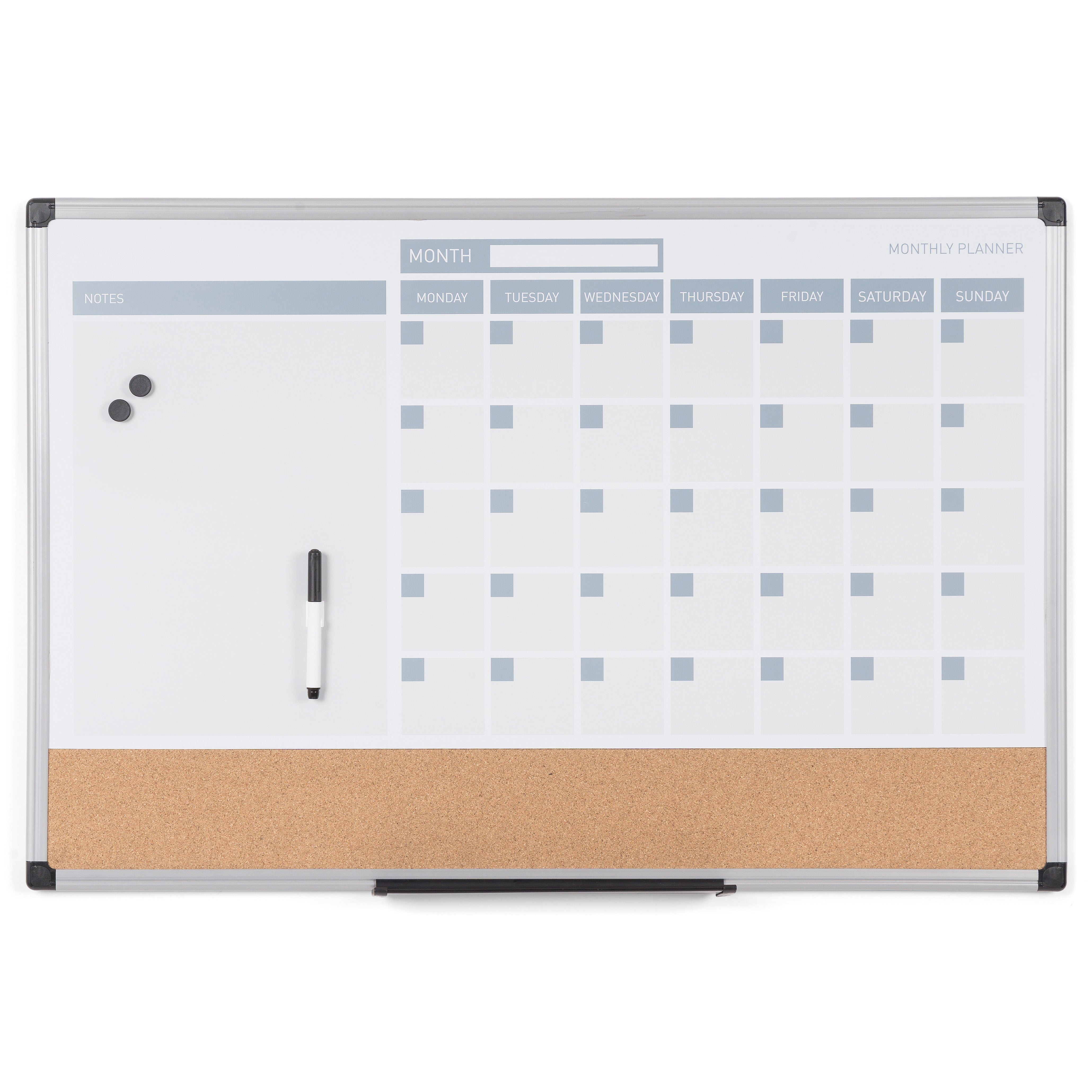 MasterVision 3-in-1 Dry-Erase Calendar Planner Board, 24" x 36", Silver Frame, Bulletin Board, Whiteboard and Planning Board