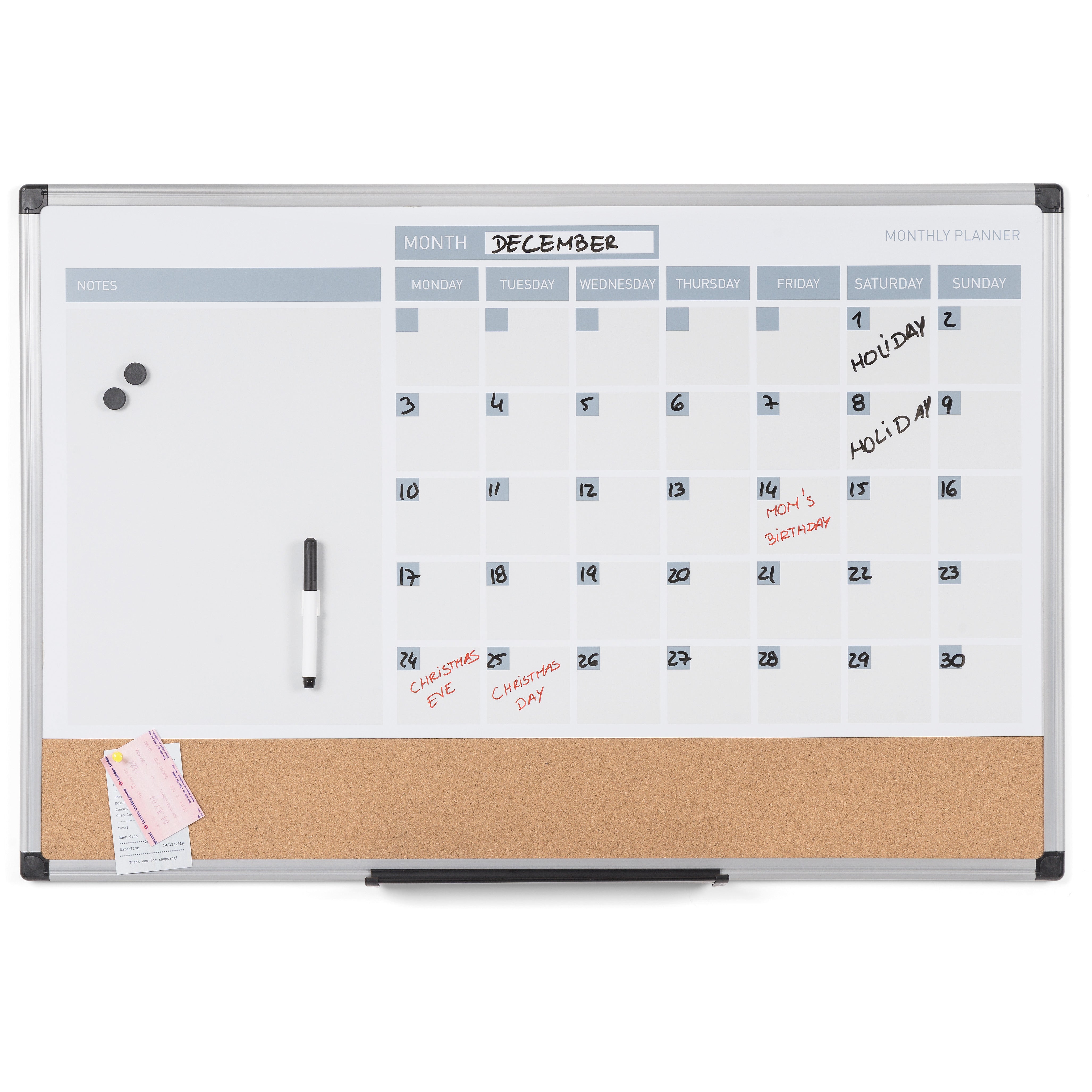 MasterVision 3-in-1 Dry-Erase Calendar Planner Board, 24" x 36", Silver Frame, Bulletin Board, Whiteboard and Planning Board